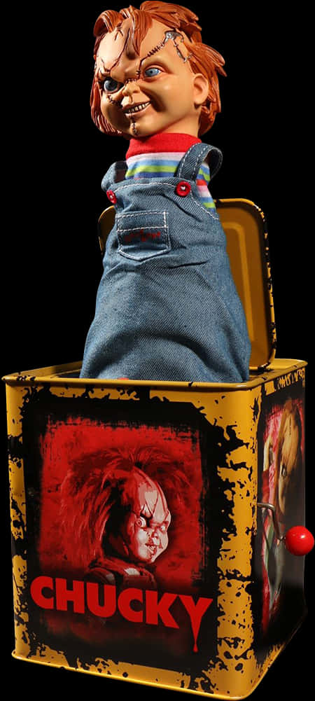 Toy 桌布 壁紙 — 一個帶有紅色手柄和沾滿血跡的「CHUCKY」標籤的黃色驚喜盒中，彈出一個兇惡的Chucky娃娃。