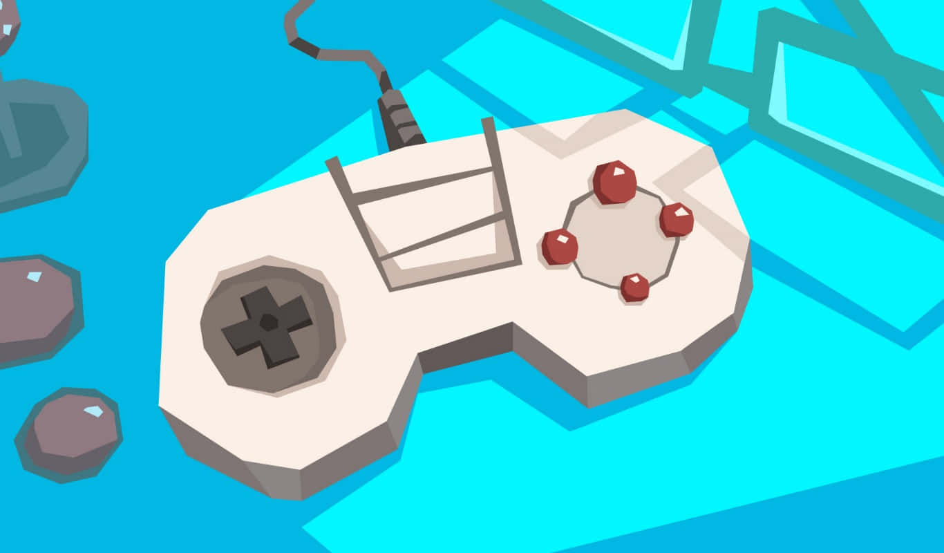 Indie Games 桌布 壁紙 — 一個帶有紅色按鈕和灰色方向鍵的復古遊戲控制器，放置在明亮的藍色幾何表面上。