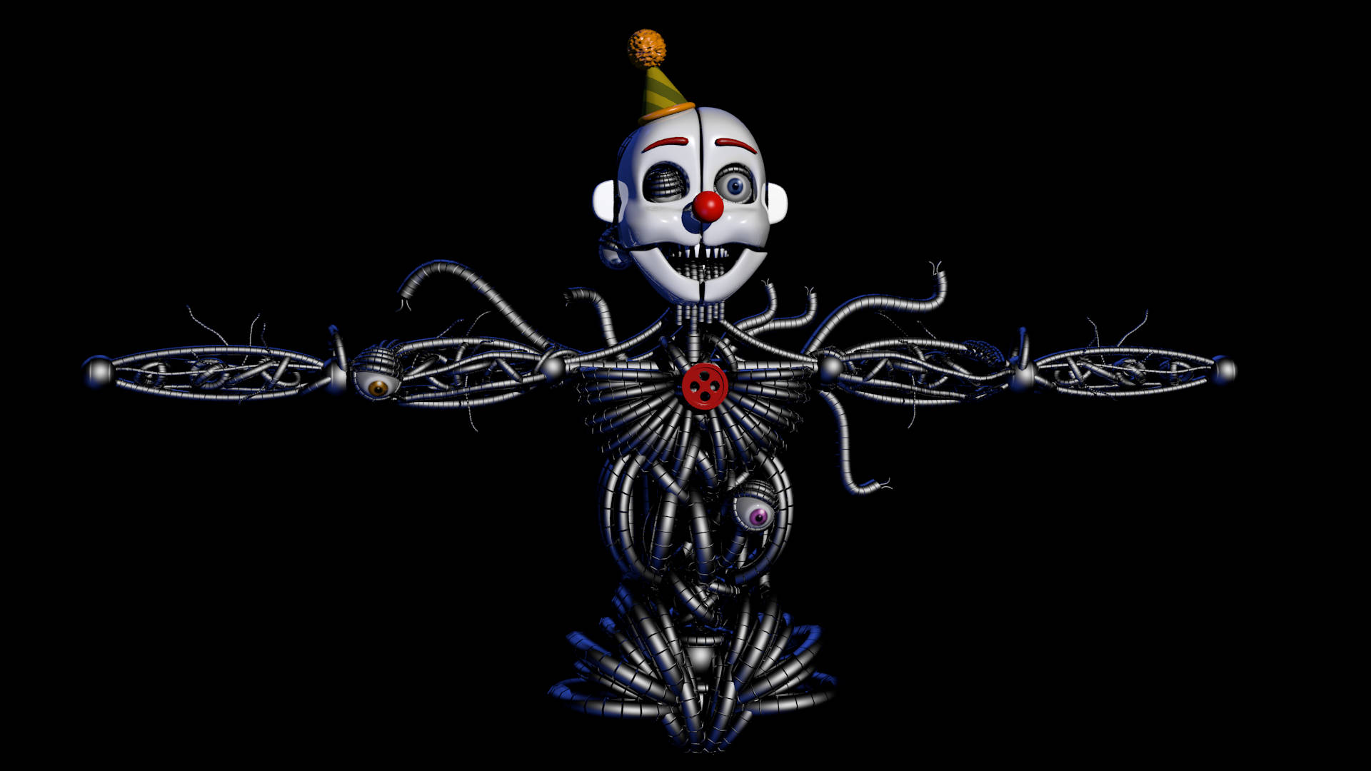 Ennard 桌布 壁紙 — 一個帶有紅色按鈕胸部和金屬絲四肢的威脅性機械小丑，在黑色虛空中張開雙臂。