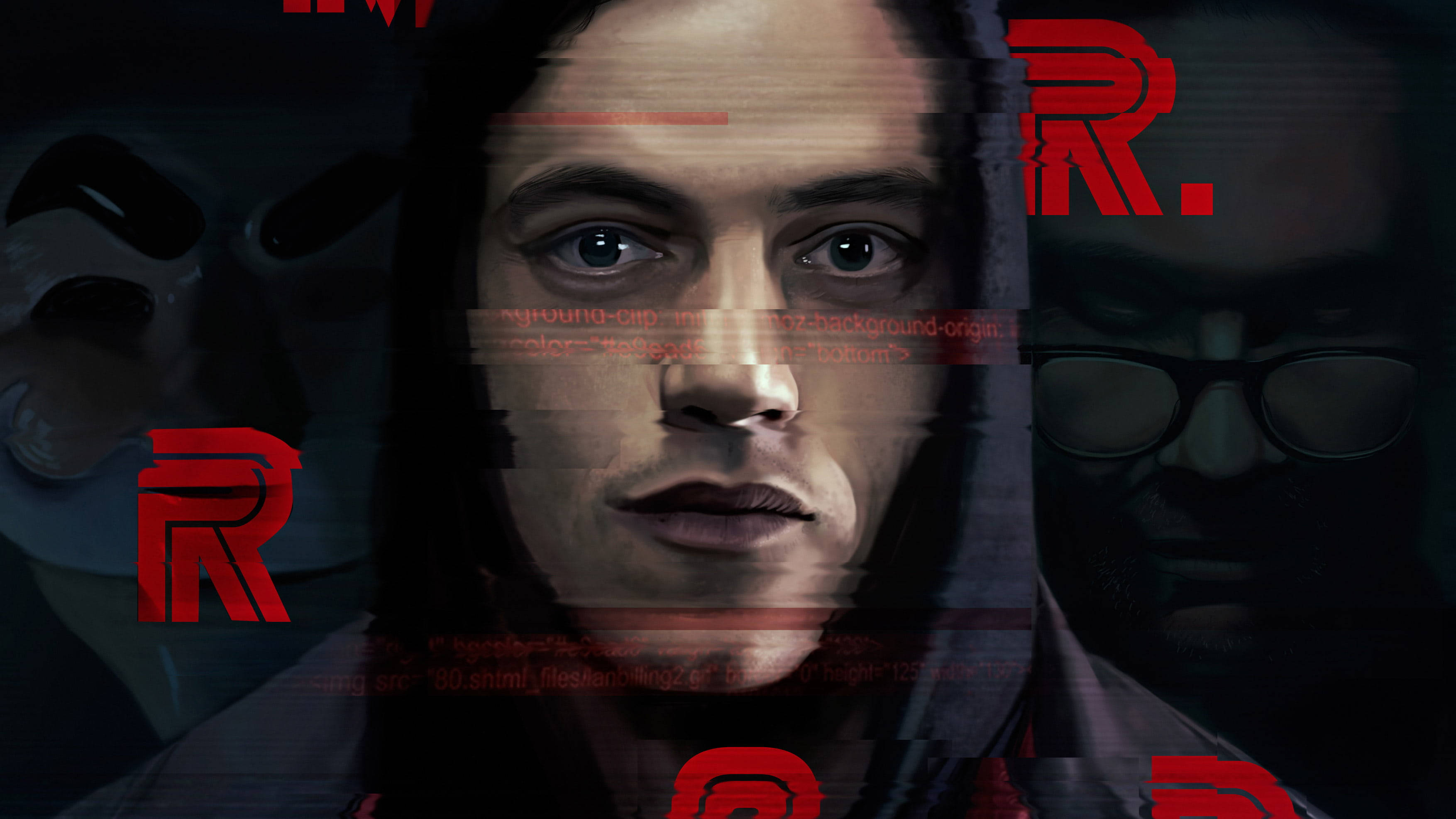 Mr Robot 桌布 壁紙 — 一個帶有紅色文字疊加和背景中扭曲面孔的故障數位肖像男子。