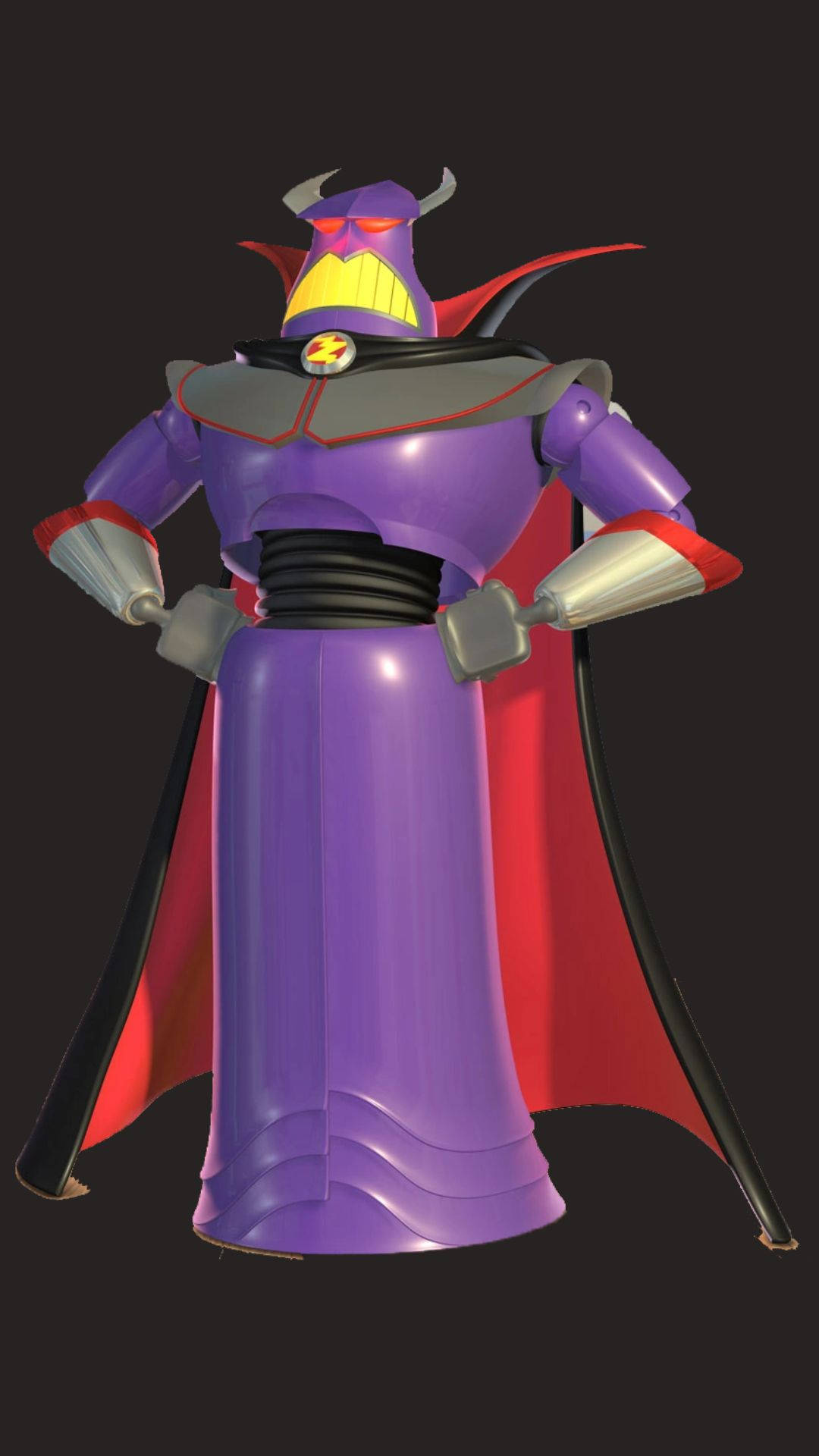 emperor zurg 桌布 壁紙 — 一個帶有紅色斗篷和角的威脅性紫色反派自信地站在黑暗背景前。
