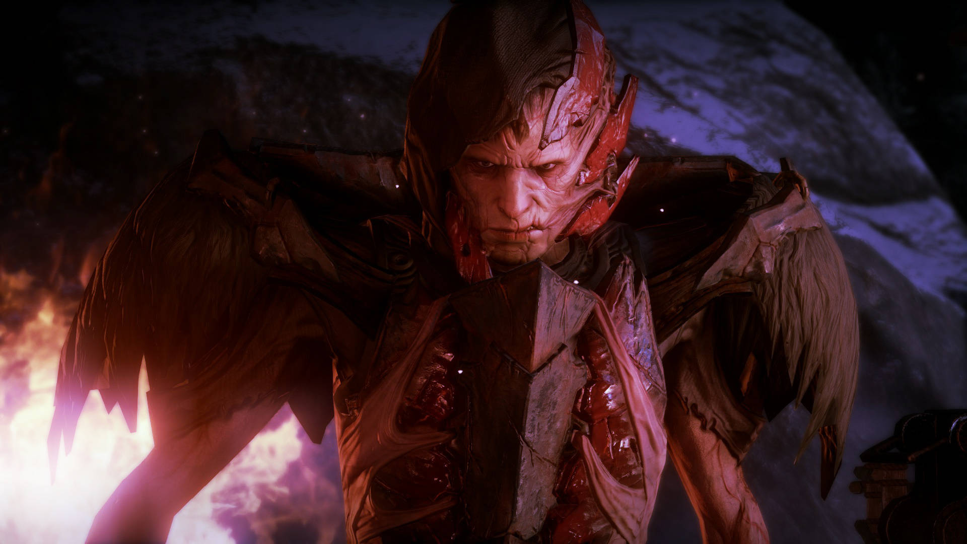Dragon Age 桌布 壁紙 — 一個帶有紅色發光眼睛和破爛盔甲的威脅性惡魔形象，站在熾熱的宇宙背景前。