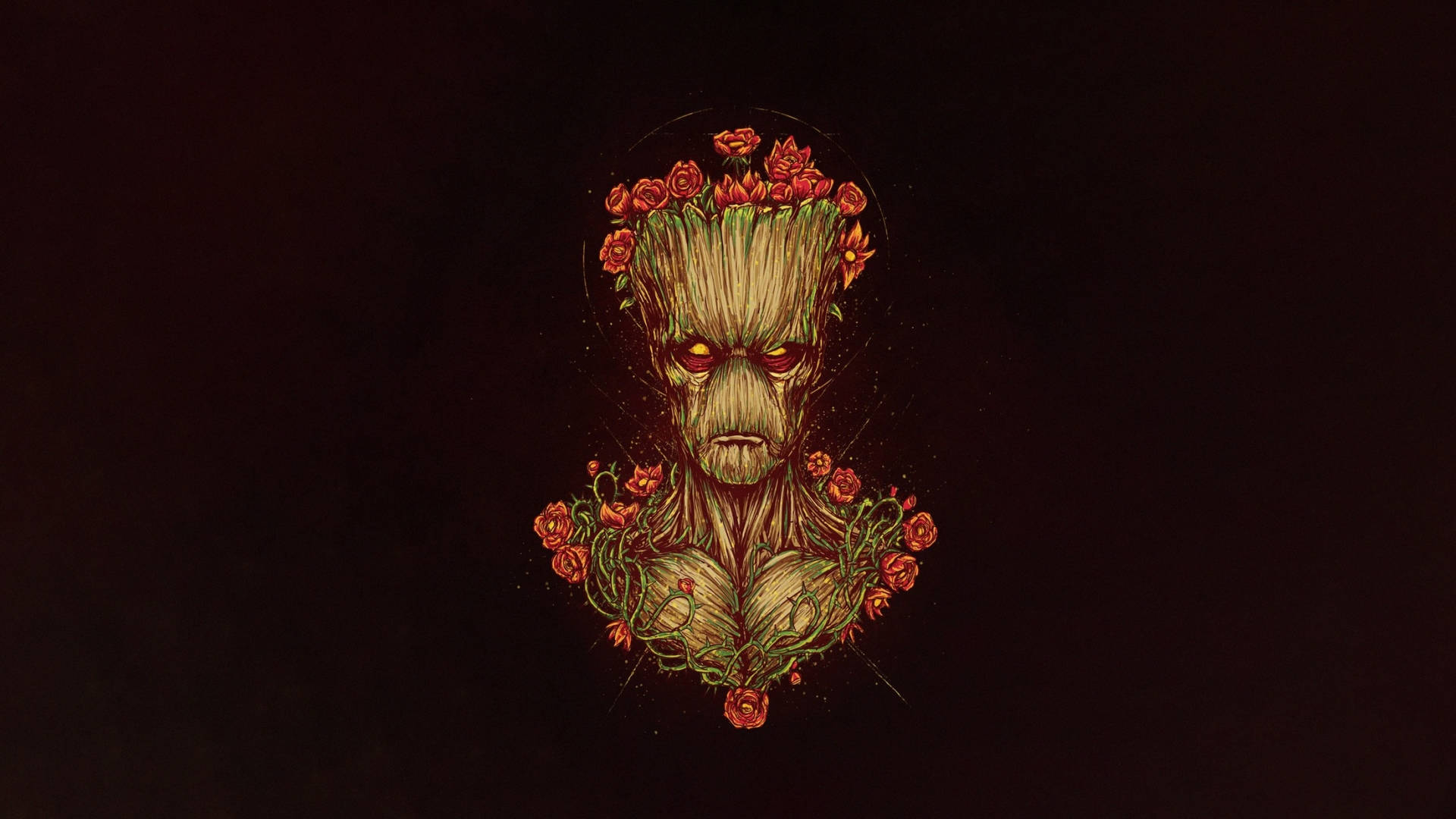 Groot 在黑暗背景中帶有紅玫瑰和發光眼睛 — 格魯特 GIF 壁紙