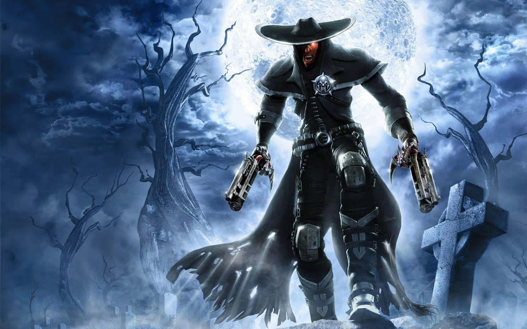 Xbox Games 桌布 壁紙 — 一個帶有紅色發光眼睛和雙槍的威脅性牛仔站在月光下的墓地，周圍是扭曲的樹木和墓碑。