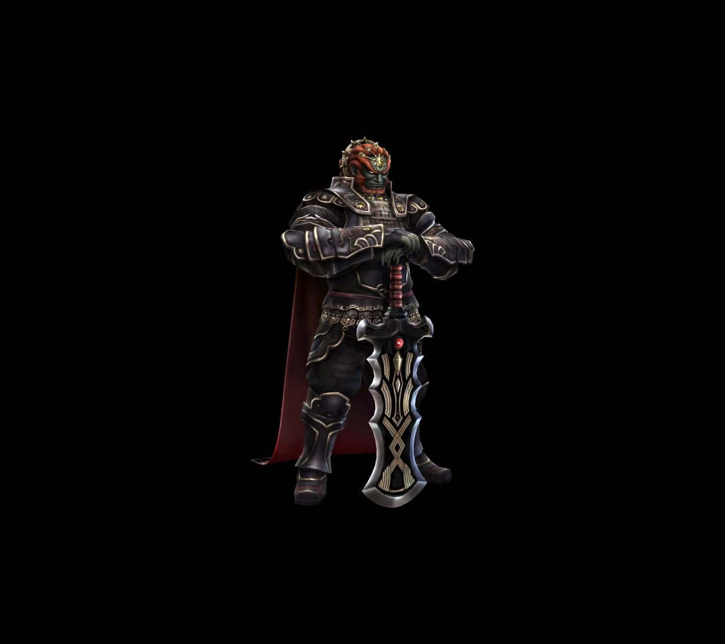 Ganondorf 桌布 壁紙 — 一個帶有紅色皮膚和角的威嚇裝甲戰士，站在黑色背景前，手持一把大型裝飾劍。