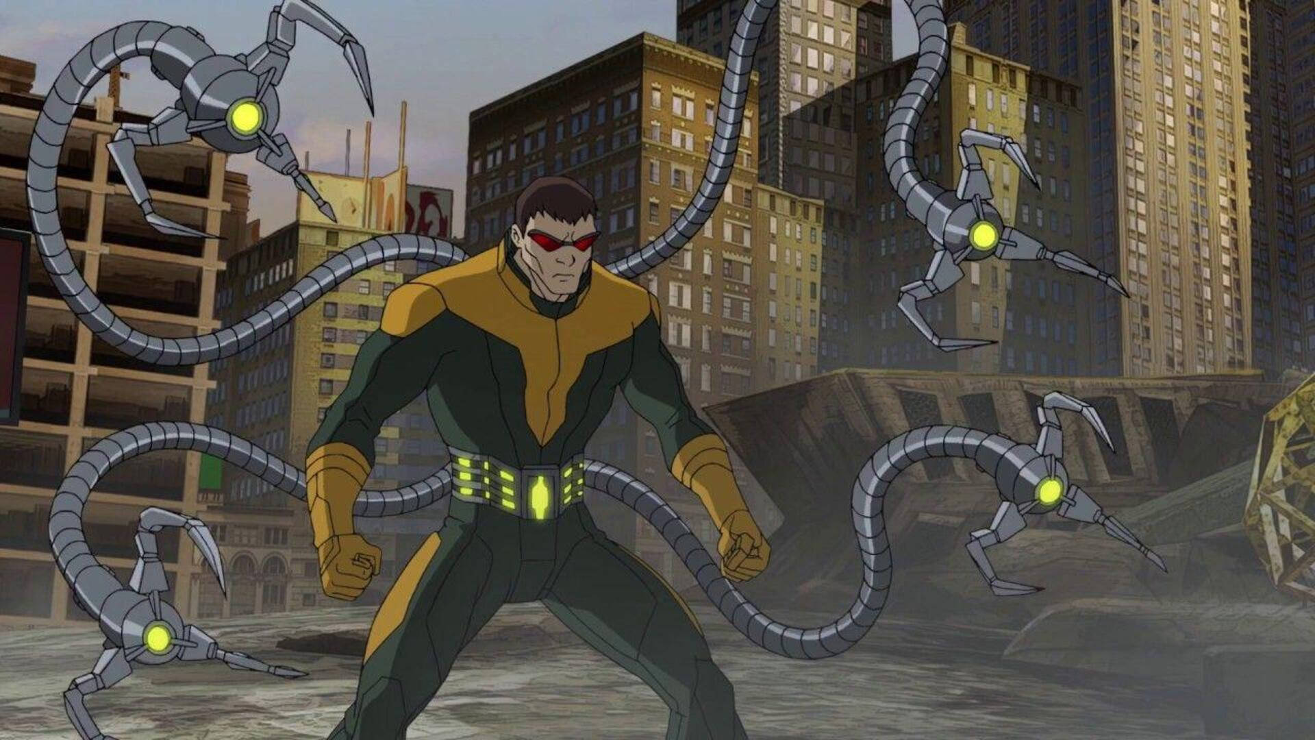 Doctor Octopus 桌布 壁紙 — 一個帶有紅色眼睛和機械觸手的威脅性動畫反派站在摩天大樓間的廢墟城市景觀中。