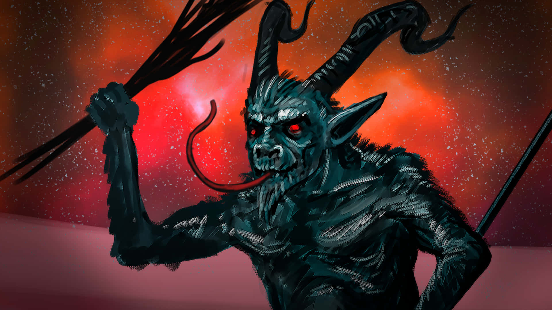 Krampus 桌布 壁紙 — 一個帶有紅色眼睛和角的威脅性深藍色惡魔，在熾熱的紅色宇宙背景下揮舞著三叉戟。