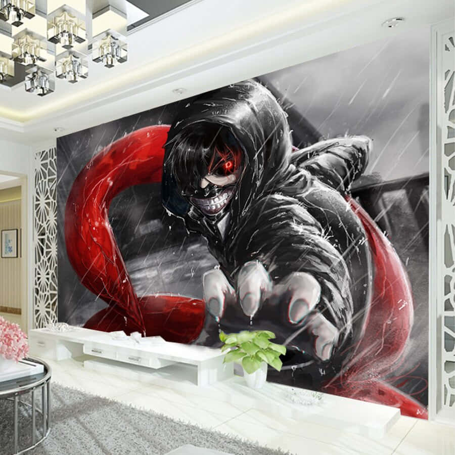 Ken Kaneki 桌布 壁紙 — 一個帶有紅色眼睛和黑色兜帽的威脅性動漫角色在暴雨中向前猛衝，被一條鮮紅色的絲帶環繞，背景為深灰色。