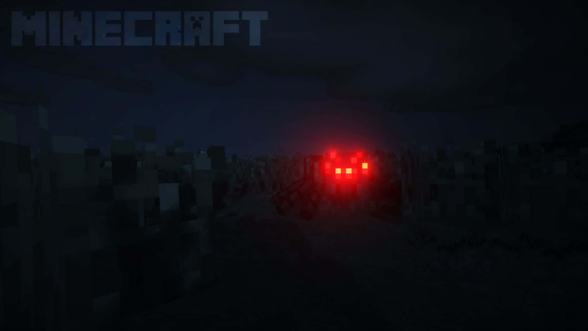 Minecraft Spider 桌布 壁紙 — 一個帶有紅色眼睛的威脅性爬行者從黑暗的像素化地形中出現，在滿天繁星的Minecraft夜空下。