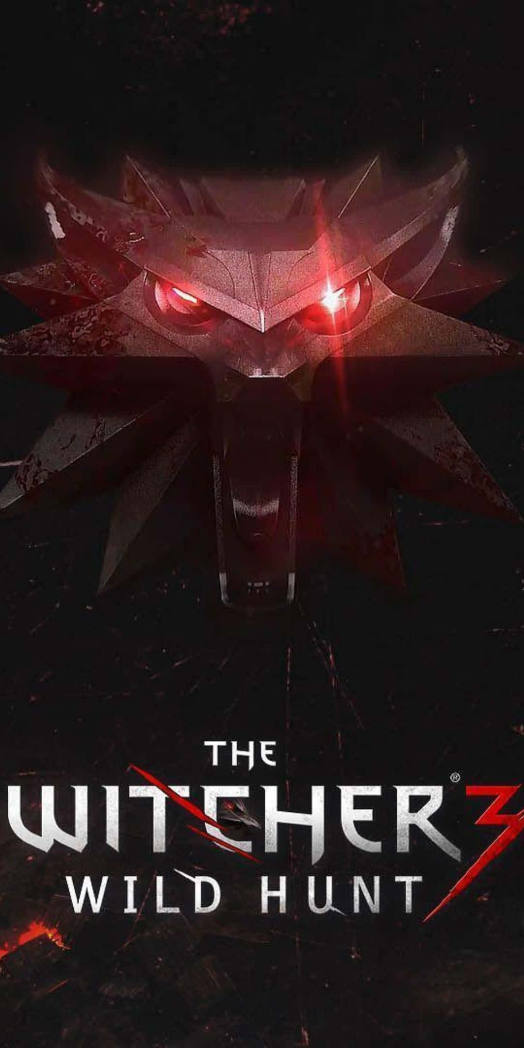 Pixel 3 The Witcher 3 桌布 壁紙 — 一個帶有紅色眼睛的威脅性狼頭標誌在黑暗背景上發光，下方有遊戲標題文字。