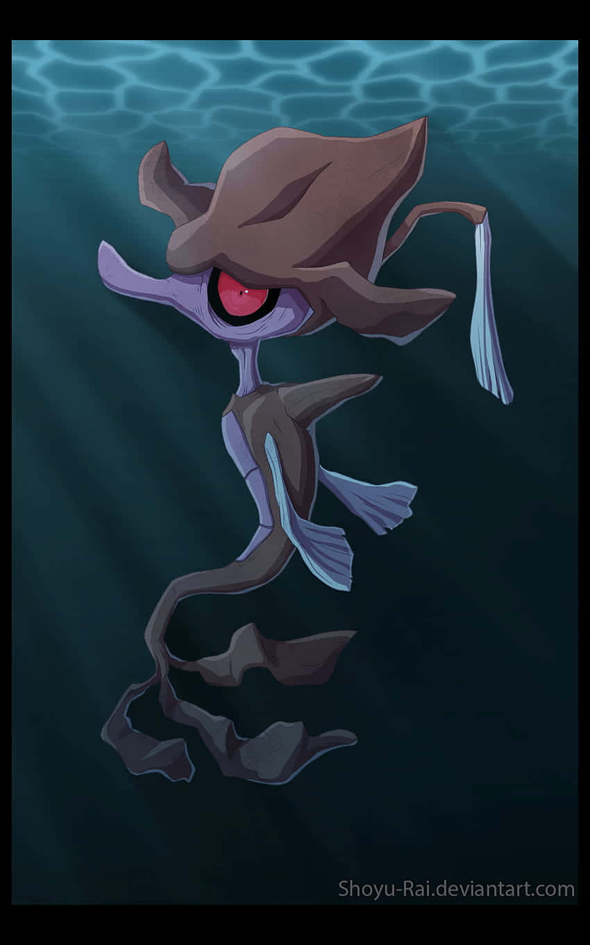 寶可夢 桌布 壁紙 — 一個帶有紅色眼睛的威脅性紫色魷魚狀生物，在漣漪的表面光線下，滑過深藍色的水下深處。
