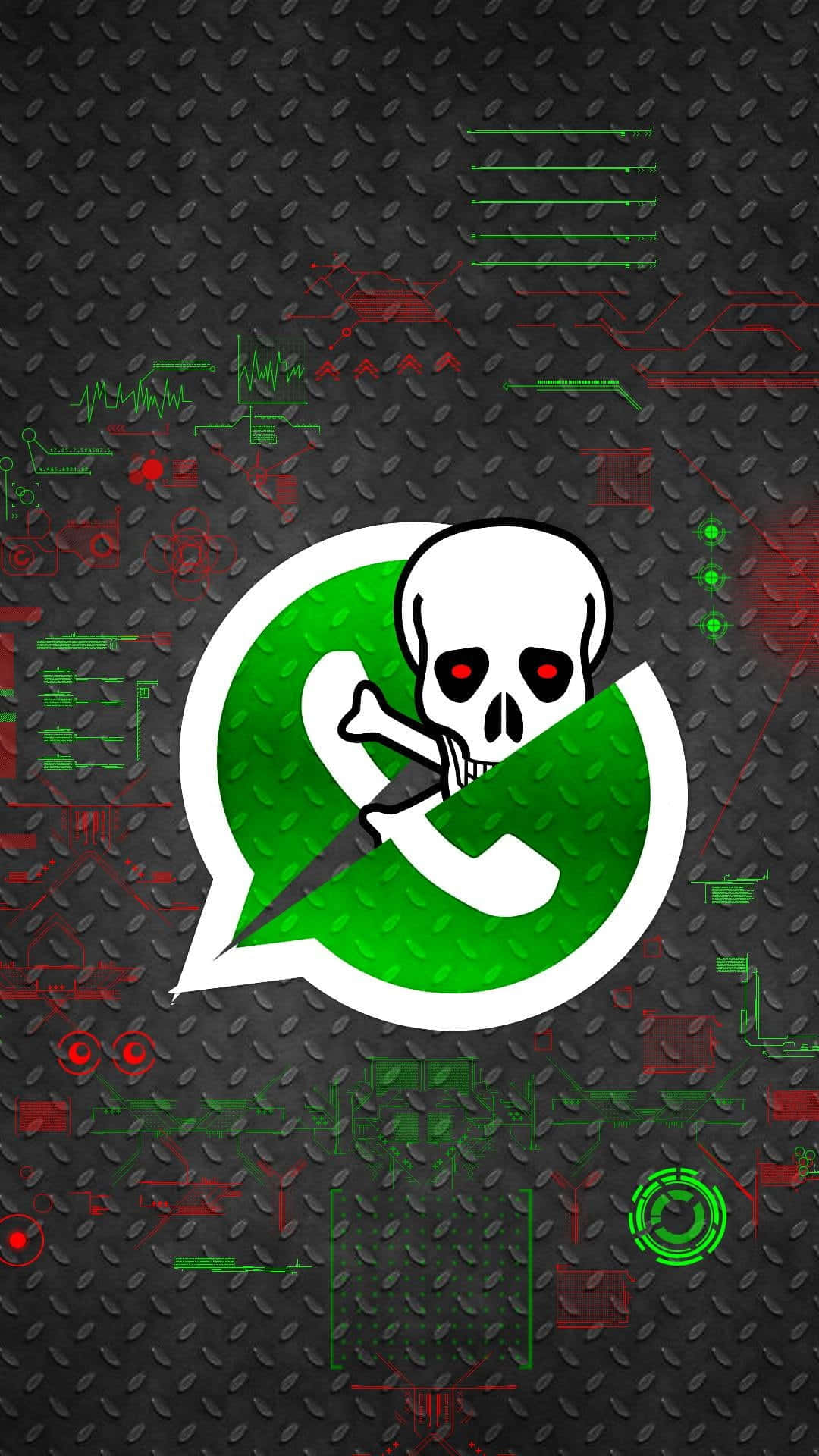 WhatsApp 聊天 桌布 壁紙 — 一個帶有紅色眼睛的威脅性骷髏頭取代了WhatsApp標誌，背景為深色紋理，帶有發光的綠色和紅色電路圖案。