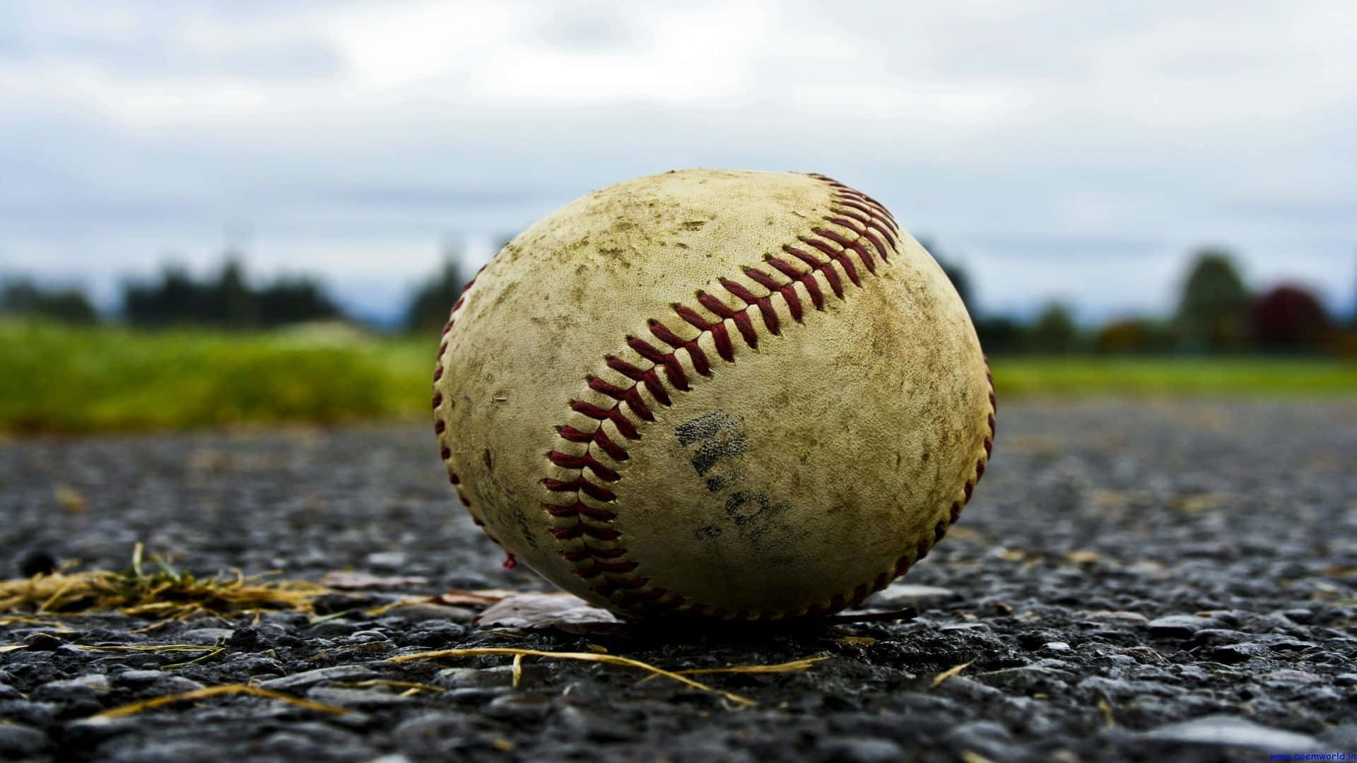 Awesome Baseball 桌布 壁紙 — 一個帶有紅色縫線的風化棒球，在陰天之下擱在濕瀝青路上。