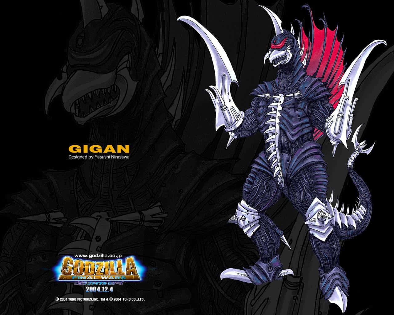 Gigan 桌布 壁紙 — 一個帶有紅色翅膀和銀色爪子的動漫風格基剛，在黑暗背景中面對著陰影中的哥斯拉輪廓。