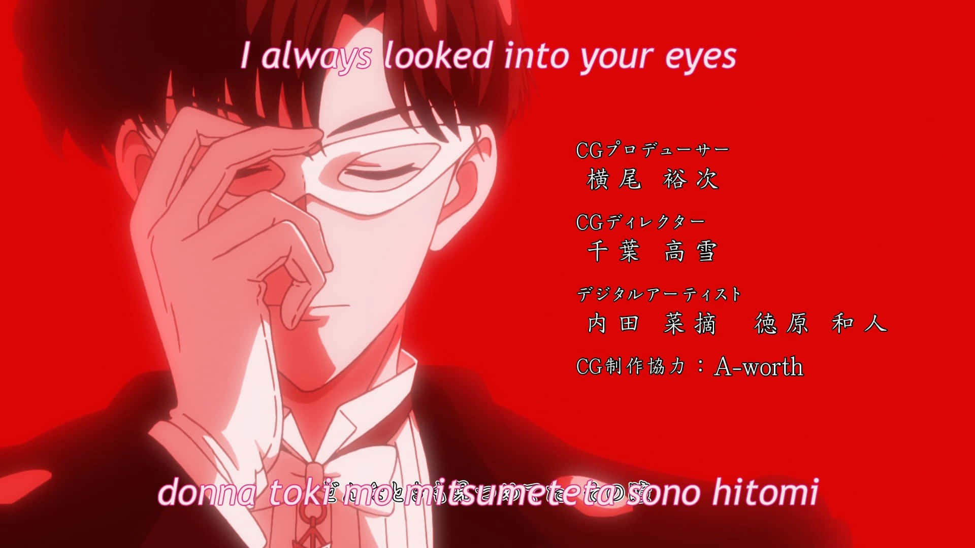 tuxedo mask 桌布 壁紙 — 一個帶有紅色色調的動漫角色戴著眼鏡，在充滿活力的紅色背景上輕輕觸碰眼睛，背景上有致謝文字。