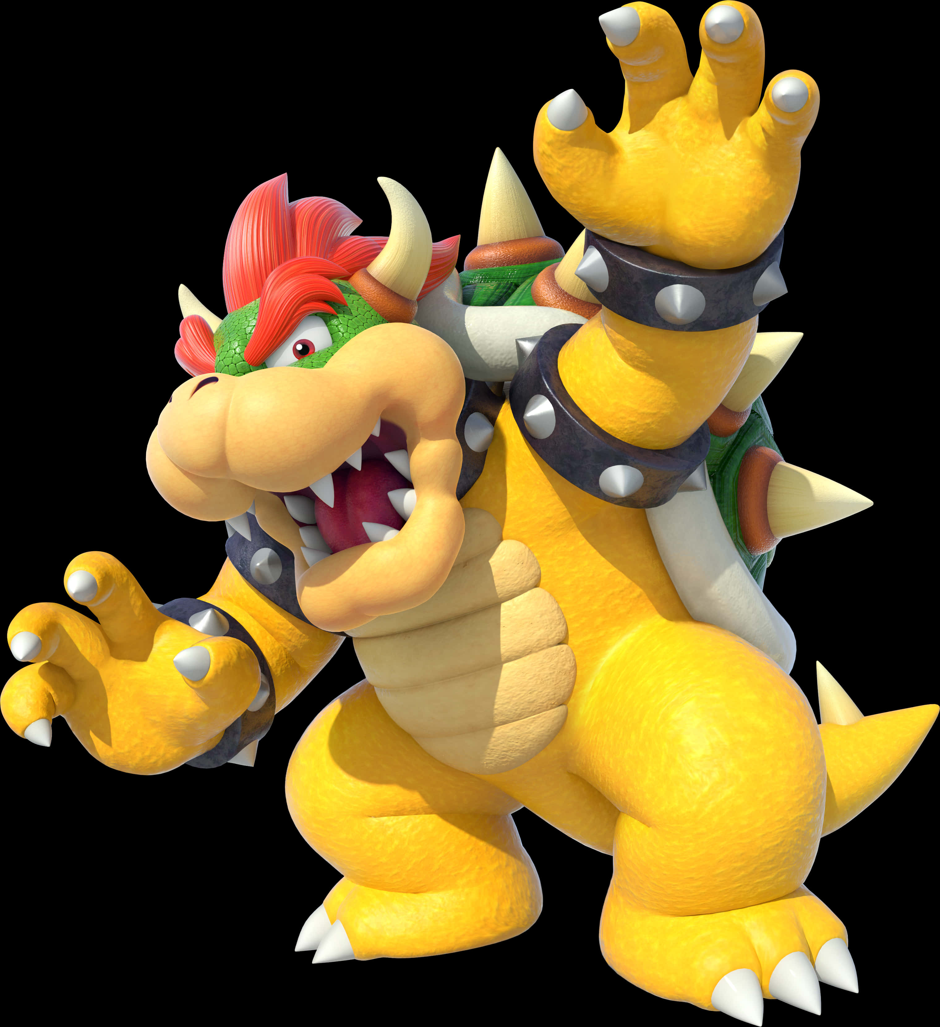 bowser 桌布 壁紙 — 一個帶有紅色莫西乾角與尖刺盔甲的威脅性黃色恐龍角色，在黑色背景上兇猛咆哮。