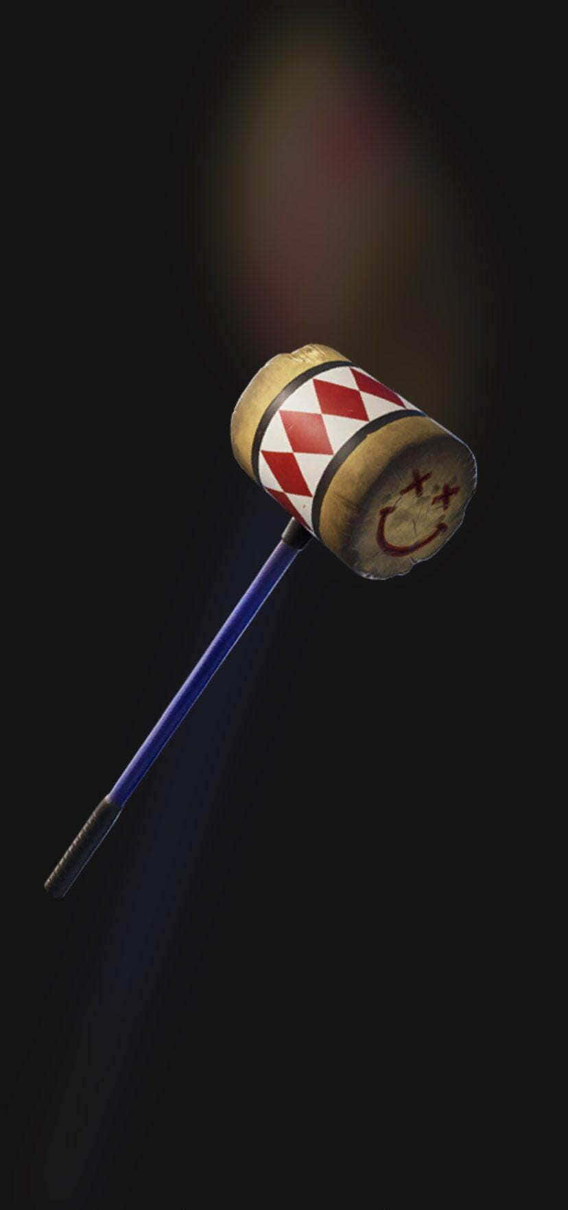 Harley Quinn Hammer 桌布 壁紙 — 一個帶有紅色菱形圖案和笑臉塗鴉的威脅性木槌在黑暗背景中發光。
