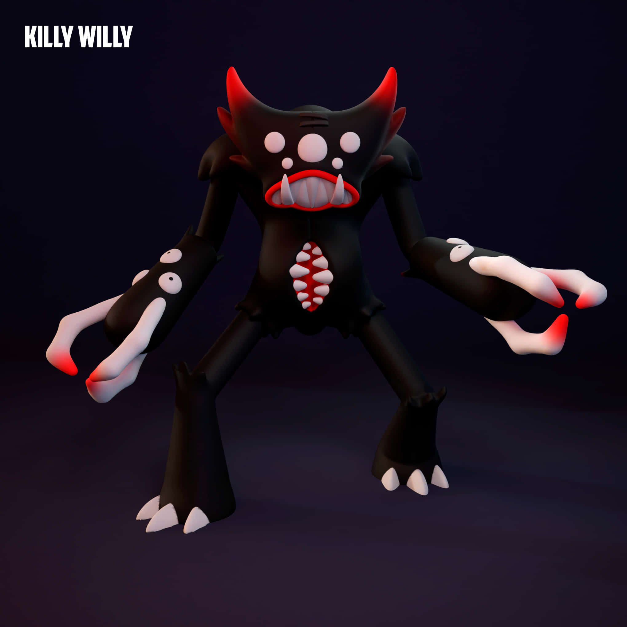 Killy Willy 桌布 壁紙 — 一個帶有紅色角和爪子的威脅性黑色卡通怪物站在深紫色背景前。
