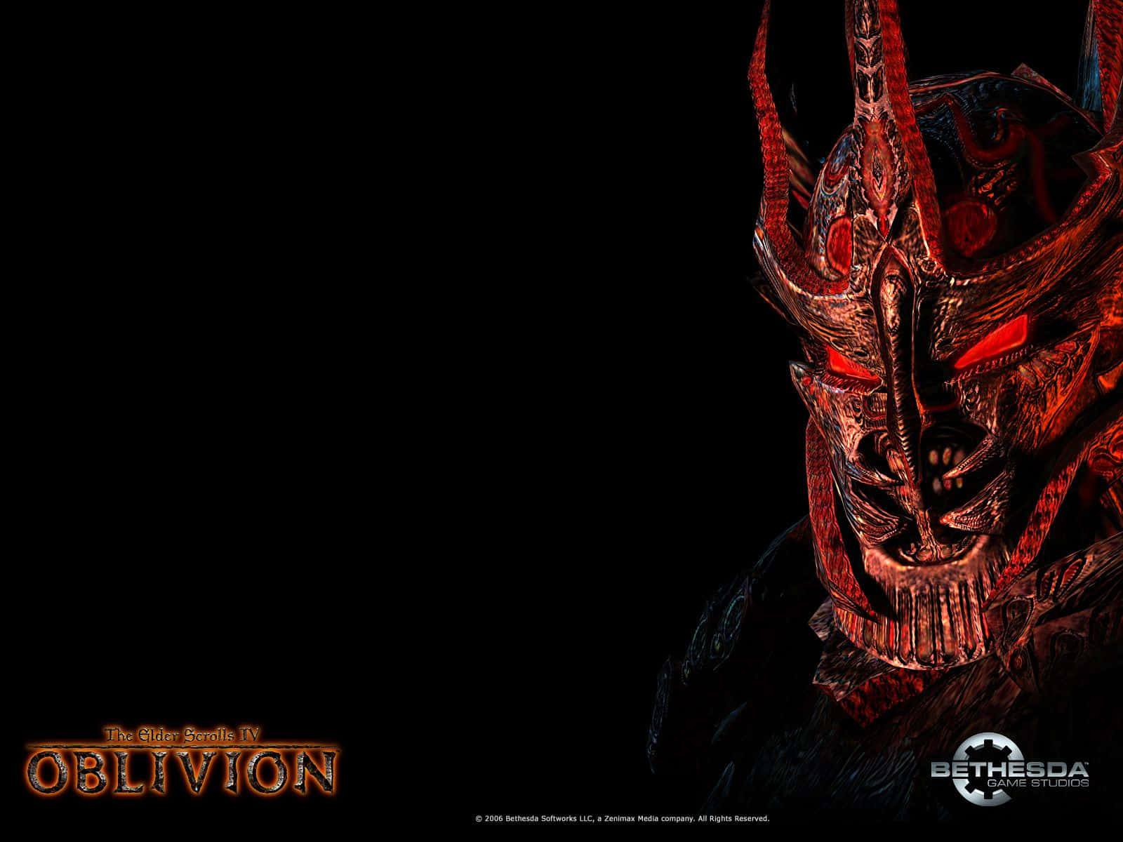 Skyrim Daedric 桌布 壁紙 — 一個帶有紅色調、眼睛發光、角部複雜的威脅性惡魔面孔從黑暗中浮現，用於遊戲宣傳桌布。