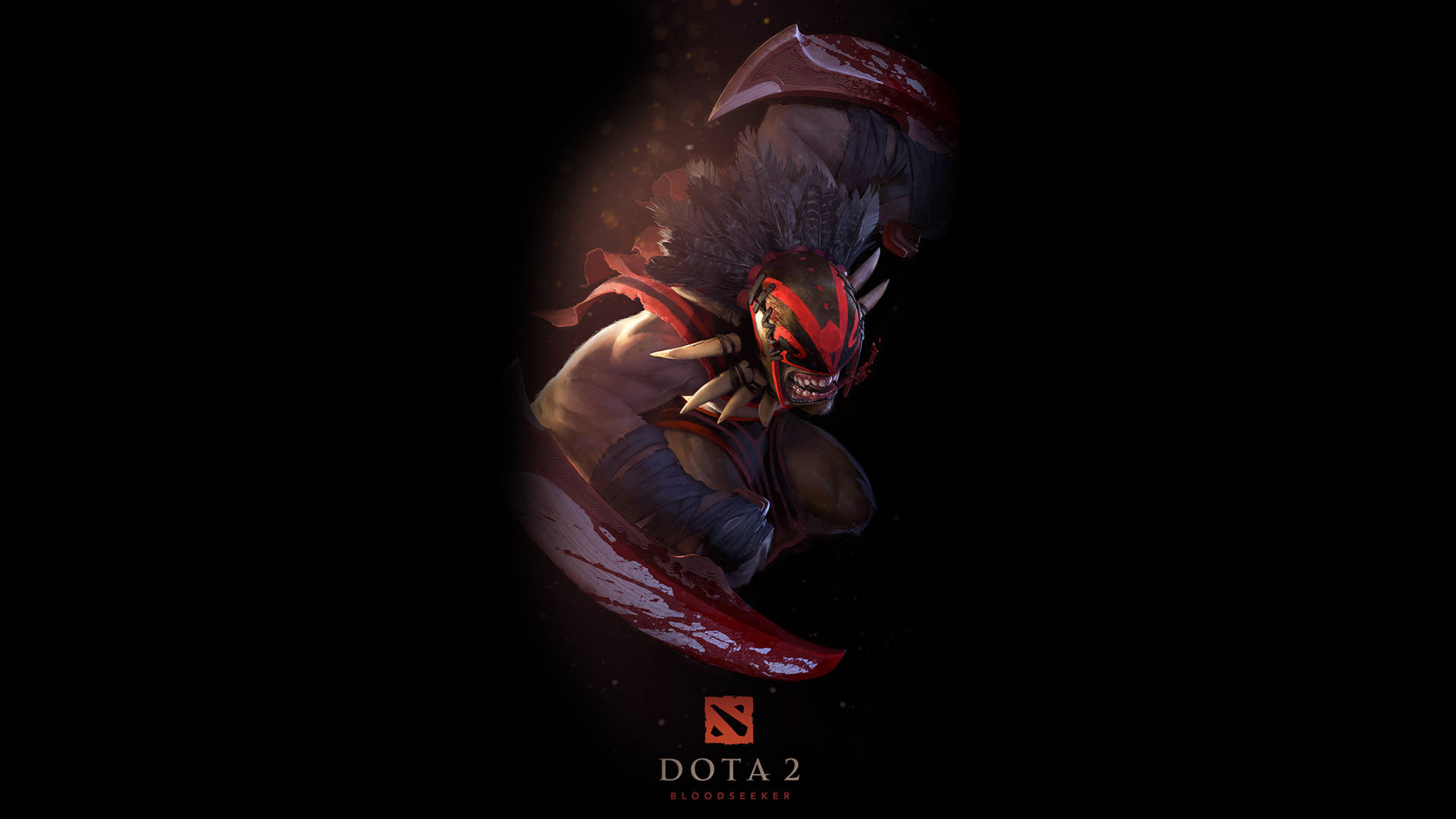 Dota 2 桌布 壁紙 — 一個帶有紅色面具和血跡斑斑刀刃的威嚇性Dota 2 Bloodseeker戰士，在黑暗背景中怒視。