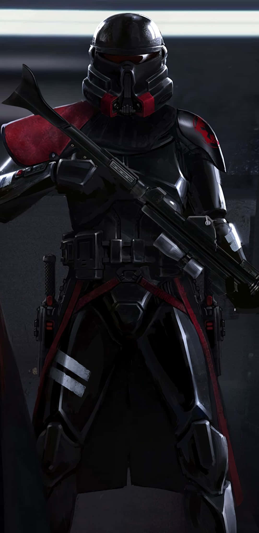 Star Wars Profile 桌布 壁紙 — 一個帶有紅色點綴和頭盔的威脅性黑色裝甲士兵，在昏暗的環境中手持爆能步槍。