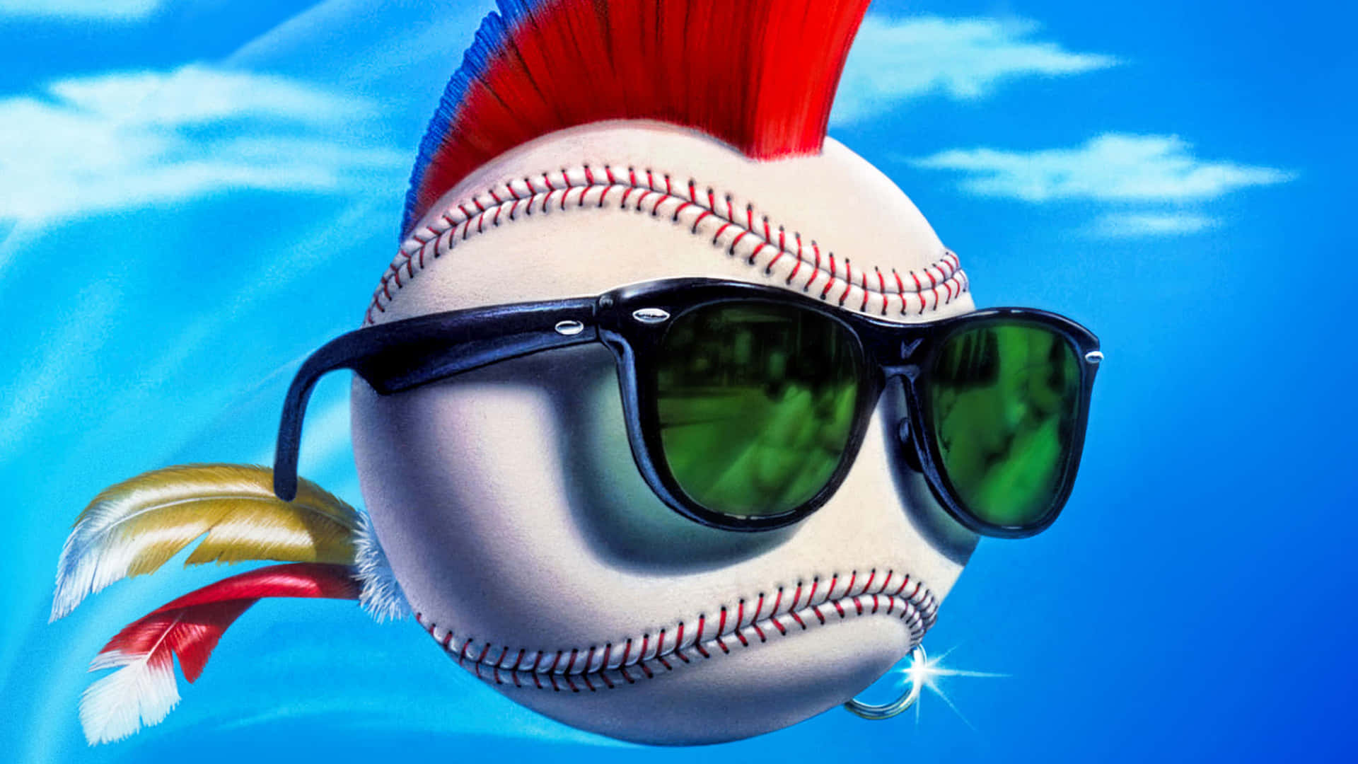 Major League Movie 桌布 壁紙 — 一個帶有紅藍色莫西乾頭、太陽眼鏡和羽毛尾巴的棒球，在明亮的藍天下飛翔。