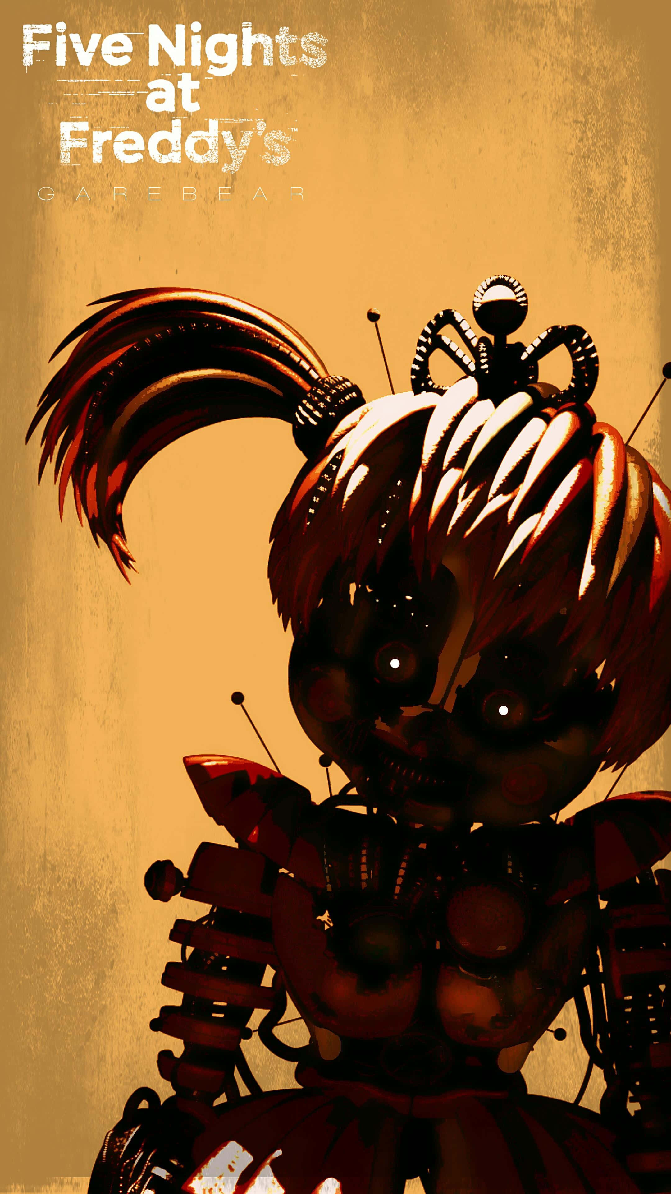 Scrap Baby 桌布 壁紙 — 一個帶有紅髮和機械部件的威脅性電子動畫女孩在紋理金色背景上發光。