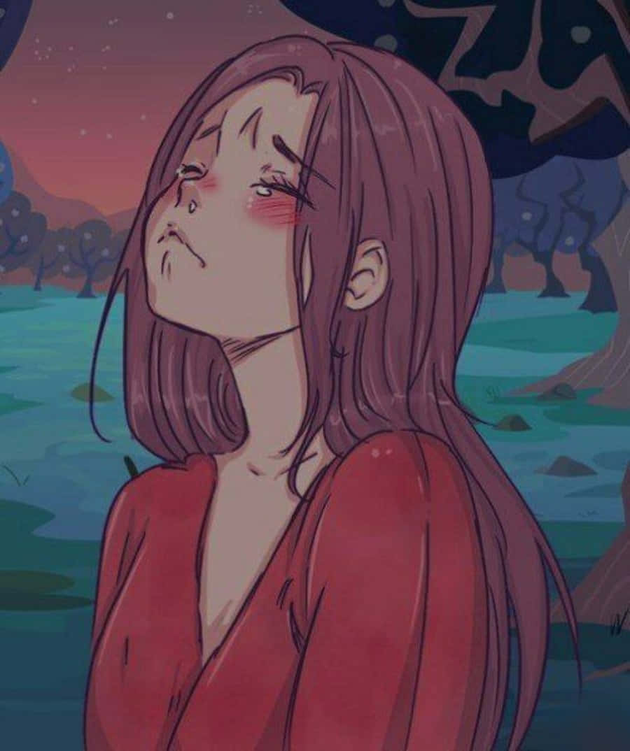 動漫女孩 桌布 壁紙 — 一個帶有紅髮和泛紅臉頰的憂鬱動漫女孩，仰望有風格化樹木和水的黃昏天空。