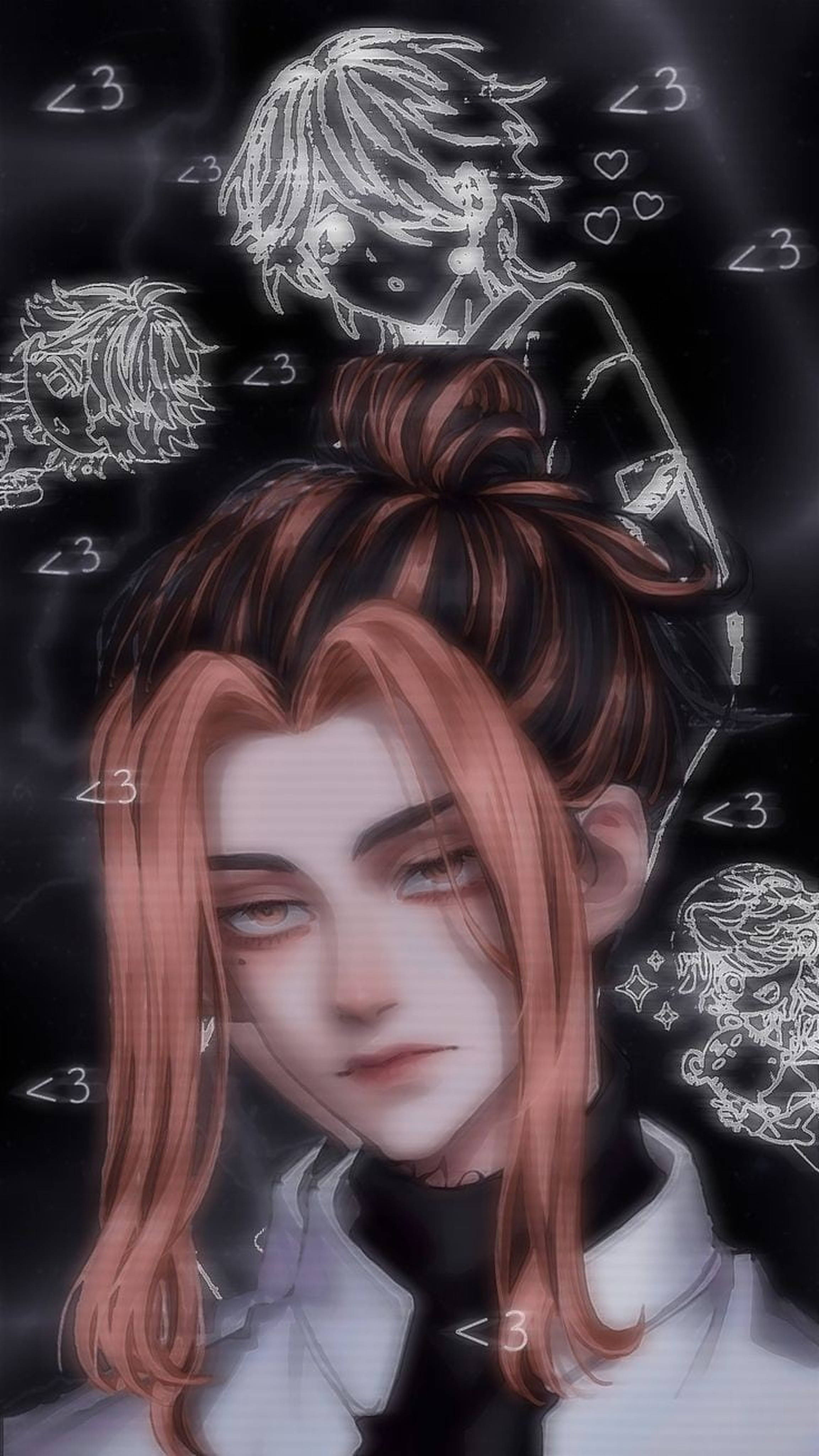 kazutora hanemiya 桌布 壁紙 — 一個帶有紅髮和白色襯衫的憂鬱動漫角色，在黑暗背景中被發光的白色素描和心形符號包圍，低頭凝視。