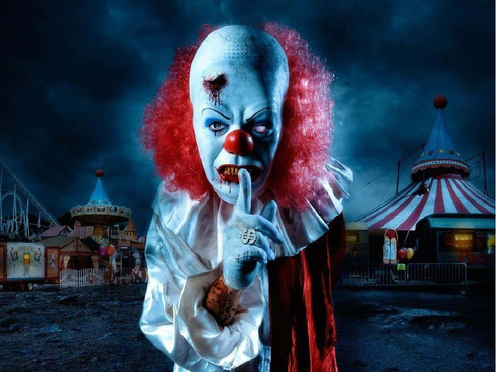 Circus 桌布 壁紙 — 一個帶有紅髮和血跡斑斑臉孔的威脅性小丑，在黑暗嘉年華背景下無聲地做手勢。