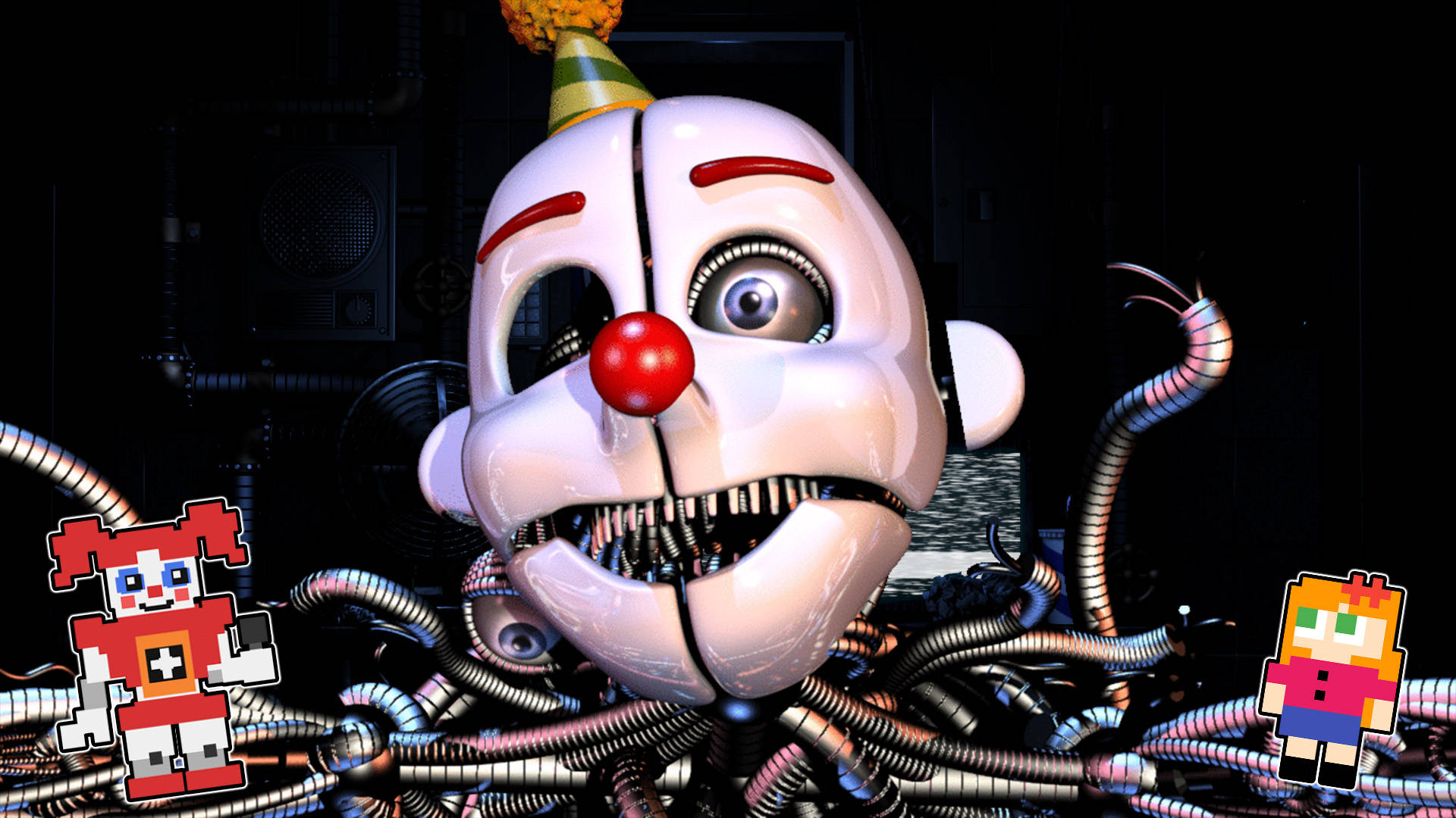 Ennard 桌布 壁紙 — 一個帶有紅鼻子和尖牙的威脅性電子動畫小丑從纏結的電線中出現，兩側是像素化角色，處於黑暗的工業環境中。