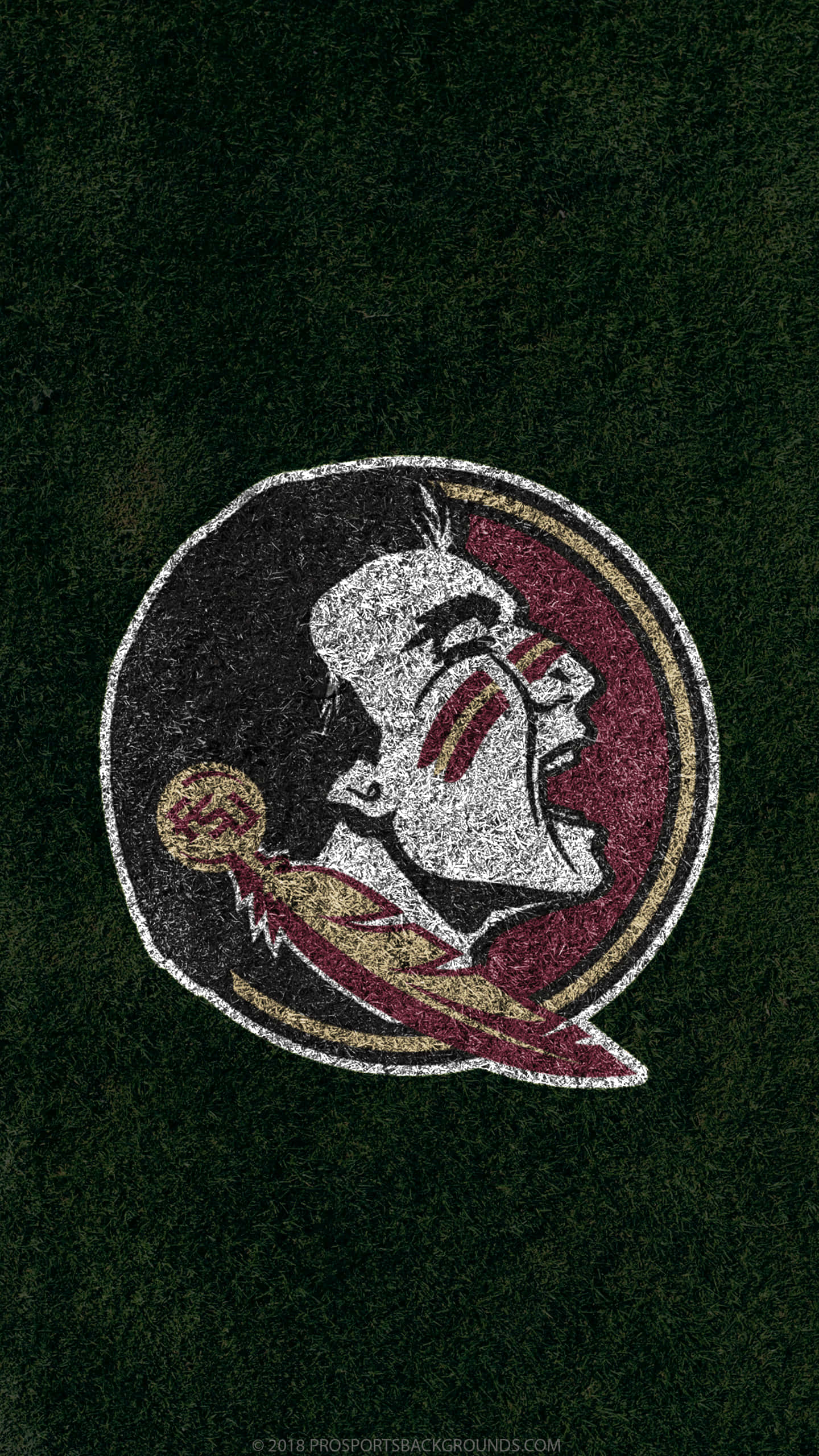Fsu 桌布 壁紙 — 一個帶有紋理的佛羅里達州立塞米諾爾人標誌，在深綠色草地背景上有一個咆哮的美洲原住民酋長。