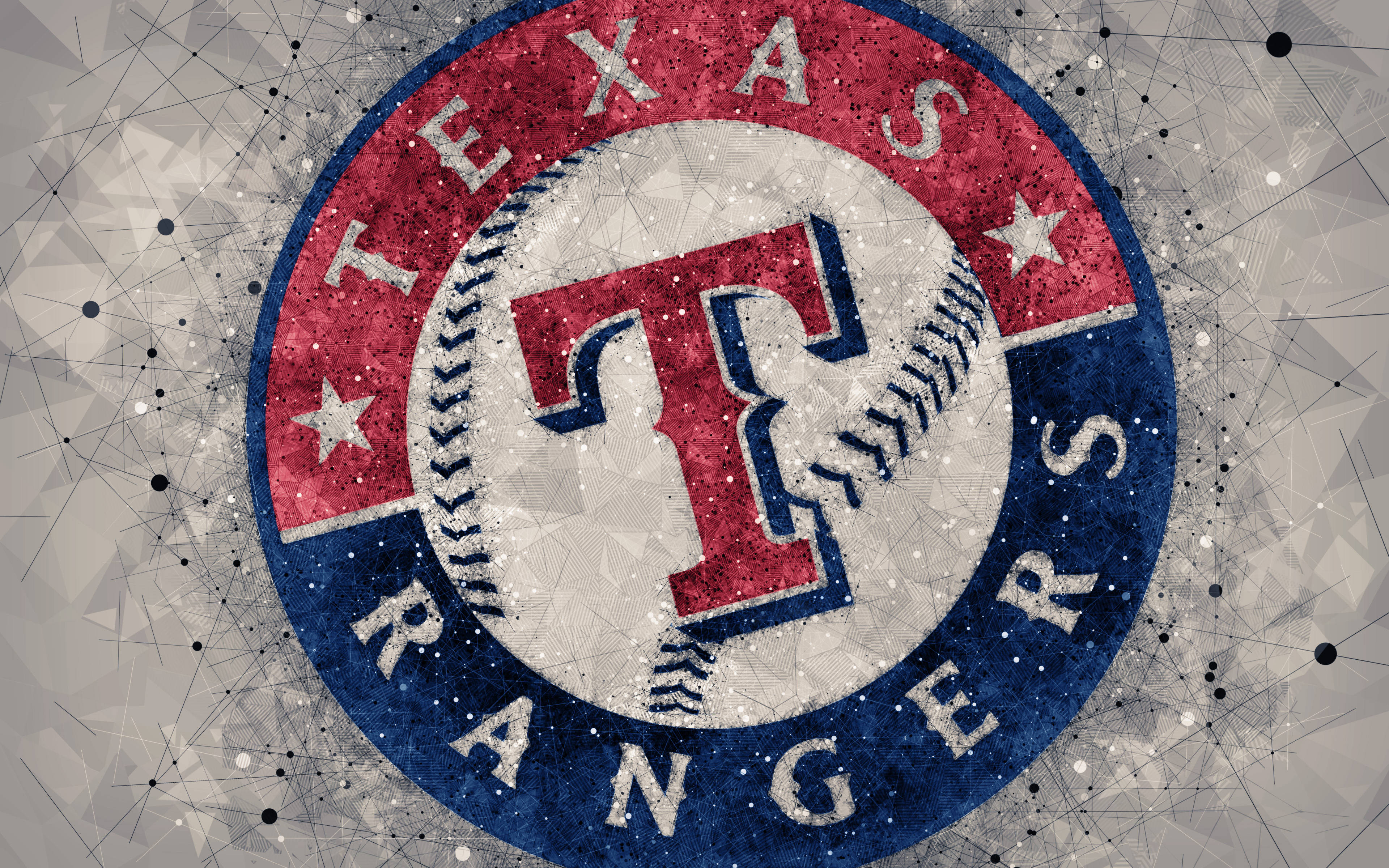 Texas Rangers 桌布 壁紙 — 一個帶有紋理的德州遊騎兵棒球隊標誌，以紅、藍、白星星點綴，置於幾何灰色背景上。