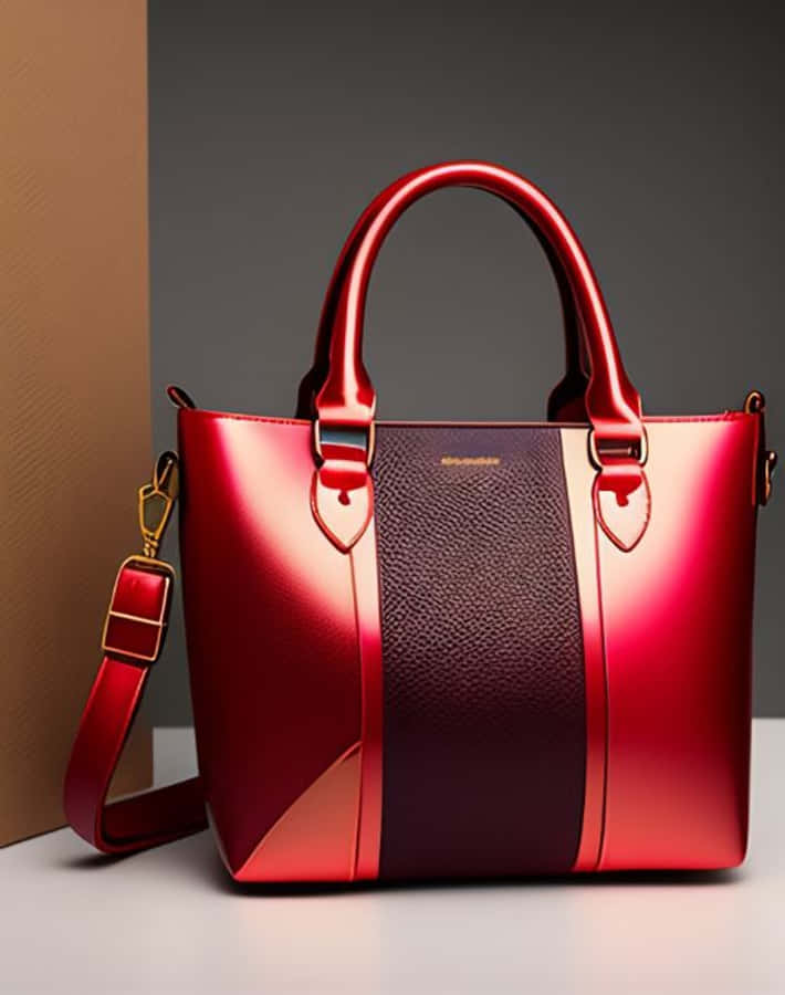 Red Handbag 桌布 壁紙 — 一個帶有紋理酒紅色條紋的光面紅色手提包，優雅地放置在簡約的工作室背景前。