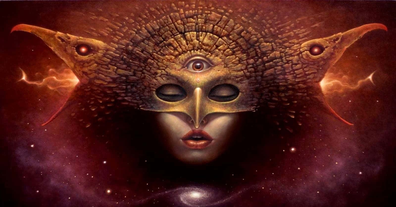 Mystical 桌布 壁紙 — 一個帶有紋理面具和三隻發光眼睛的宇宙面孔，從星雲中浮現，背景是深紅色的太空。