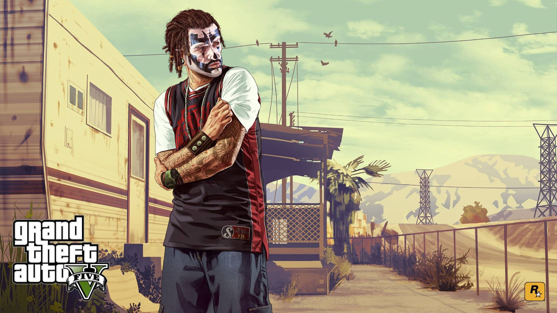 GTA V 中帶有臉部彩繪的角色在日落時分站在沙漠拖車公園中。 — GTA 5 動圖 壁紙