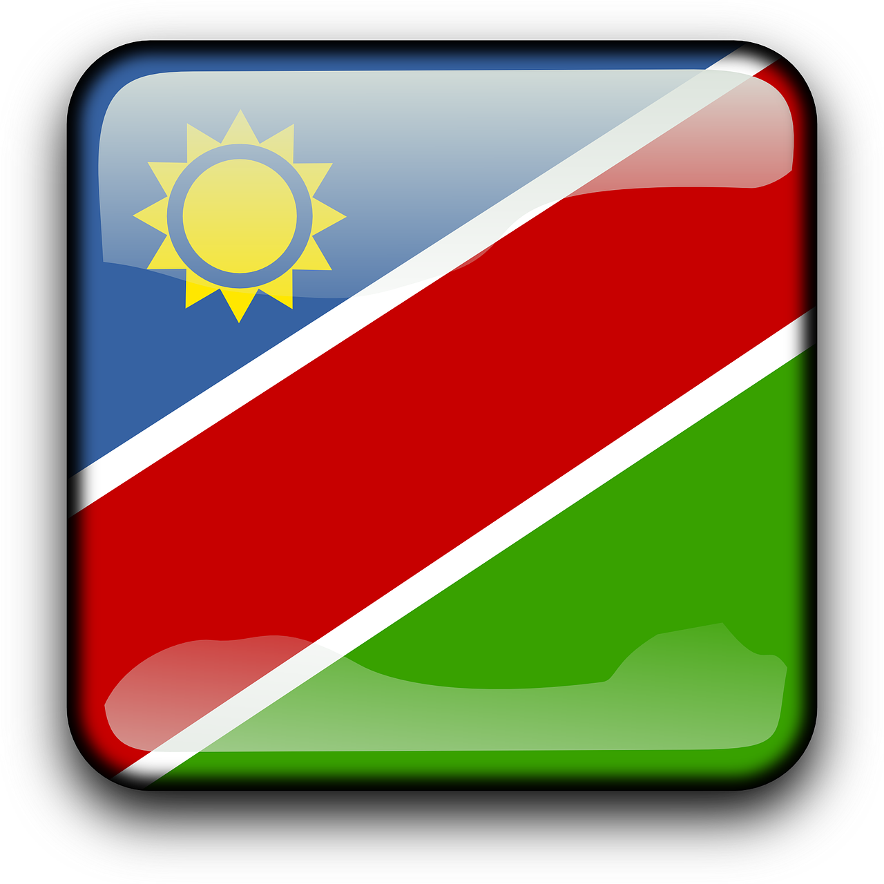 Namibia 桌布 壁紙 — 一個帶有納米比亞國旗、太陽標誌和斜紋的光澤方形按鈕。