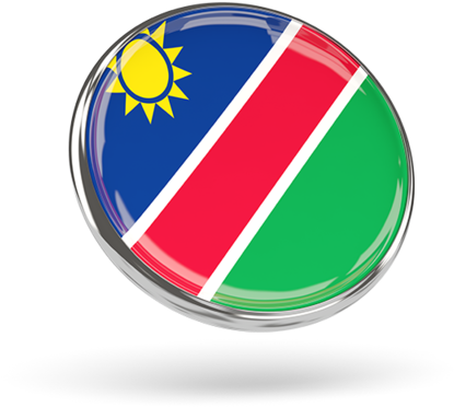 Namibia 桌布 壁紙 — 一個帶有納米比亞國旗的光澤圓形徽章，包含鮮豔的紅色、綠色、藍色和黃色太陽。