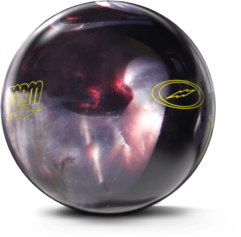 Bowling Ball 桌布 壁紙 — 一個帶有紫色、紅色和銀色宇宙漩渦的光澤保齡球，在黑色背景上反射光線。