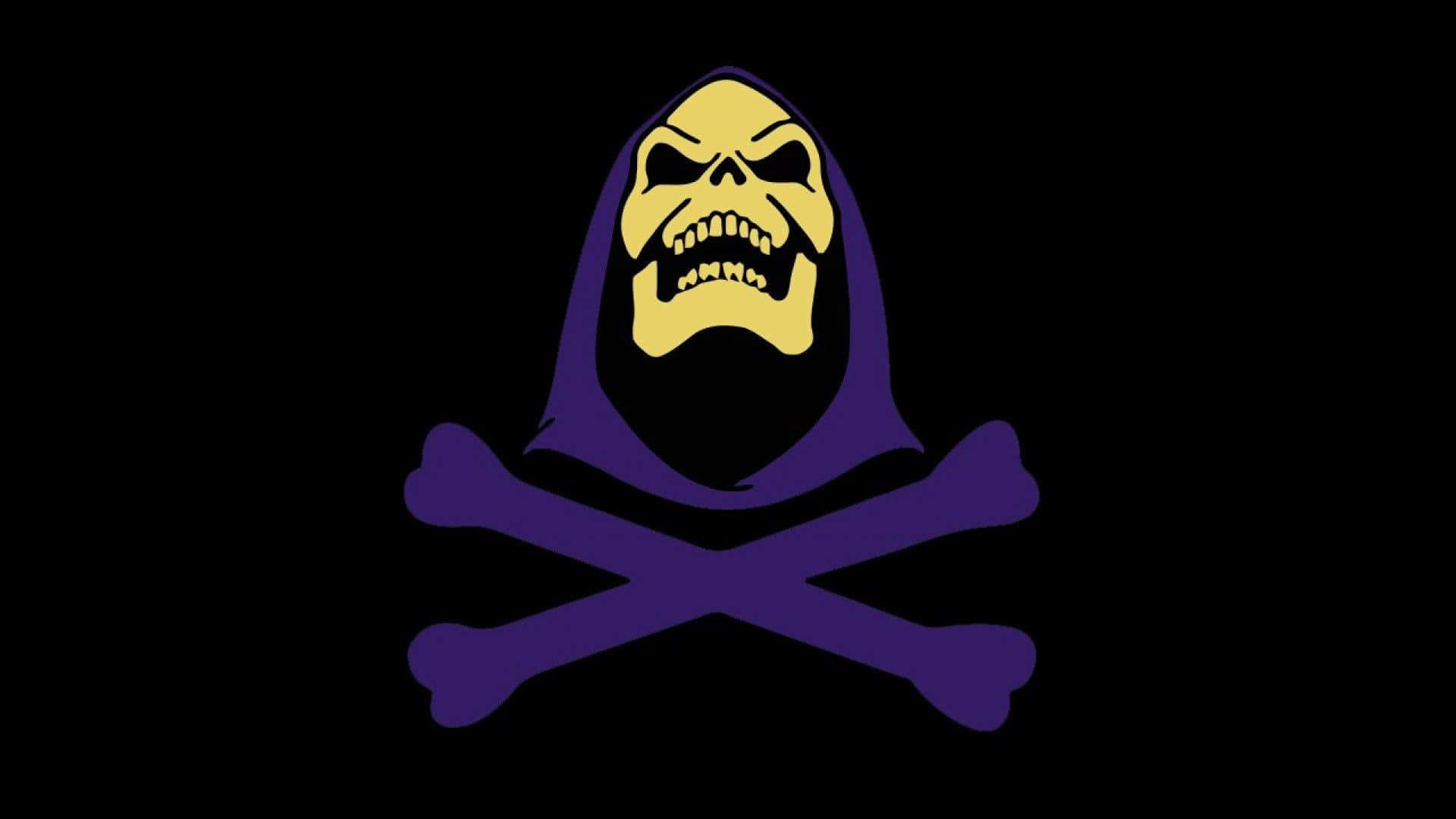 skeletor 桌布 壁紙 — 一個帶有紫色兜帽和交叉骨頭的威脅性黃色骷髏，背景為黑色。