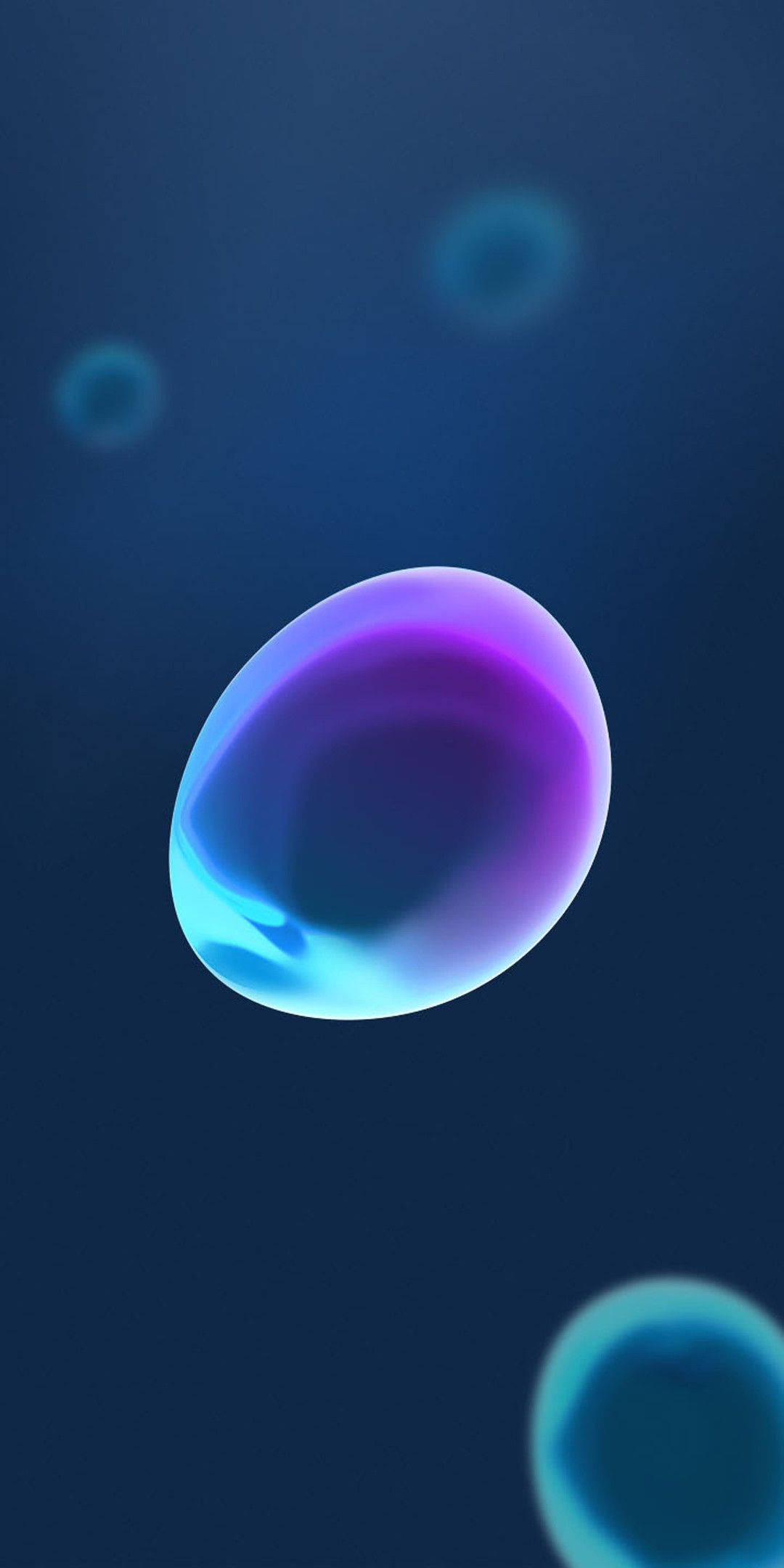 Bubble 桌布 壁紙 — 一個帶有紫色和藍色漸變的發光半透明氣泡，漂浮在帶有模糊氣泡的深藍色背景上。