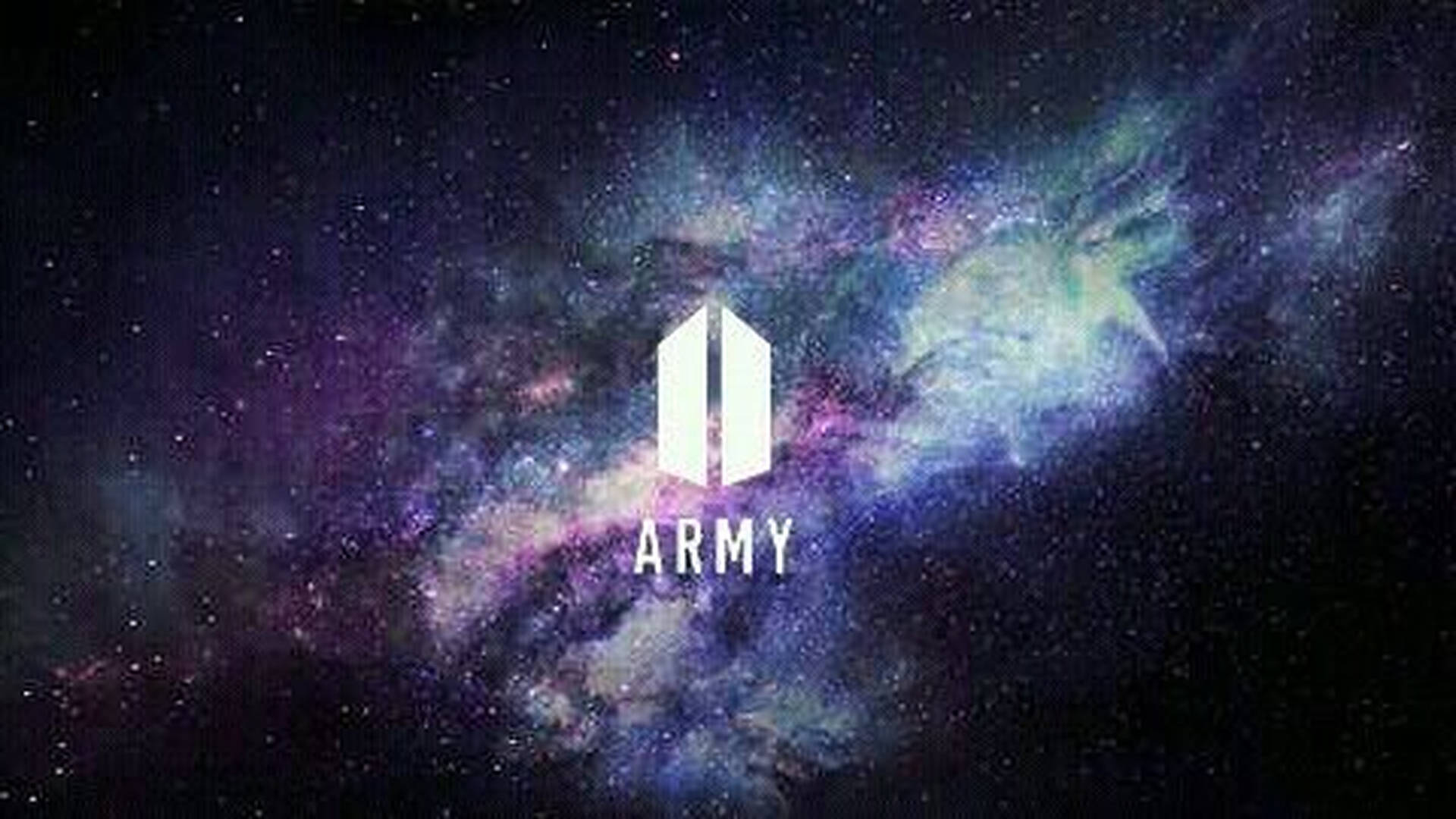 BTS ARMY標誌居中於色彩繽紛的宇宙星雲背景上。 — BTS ARMY GIF 壁紙