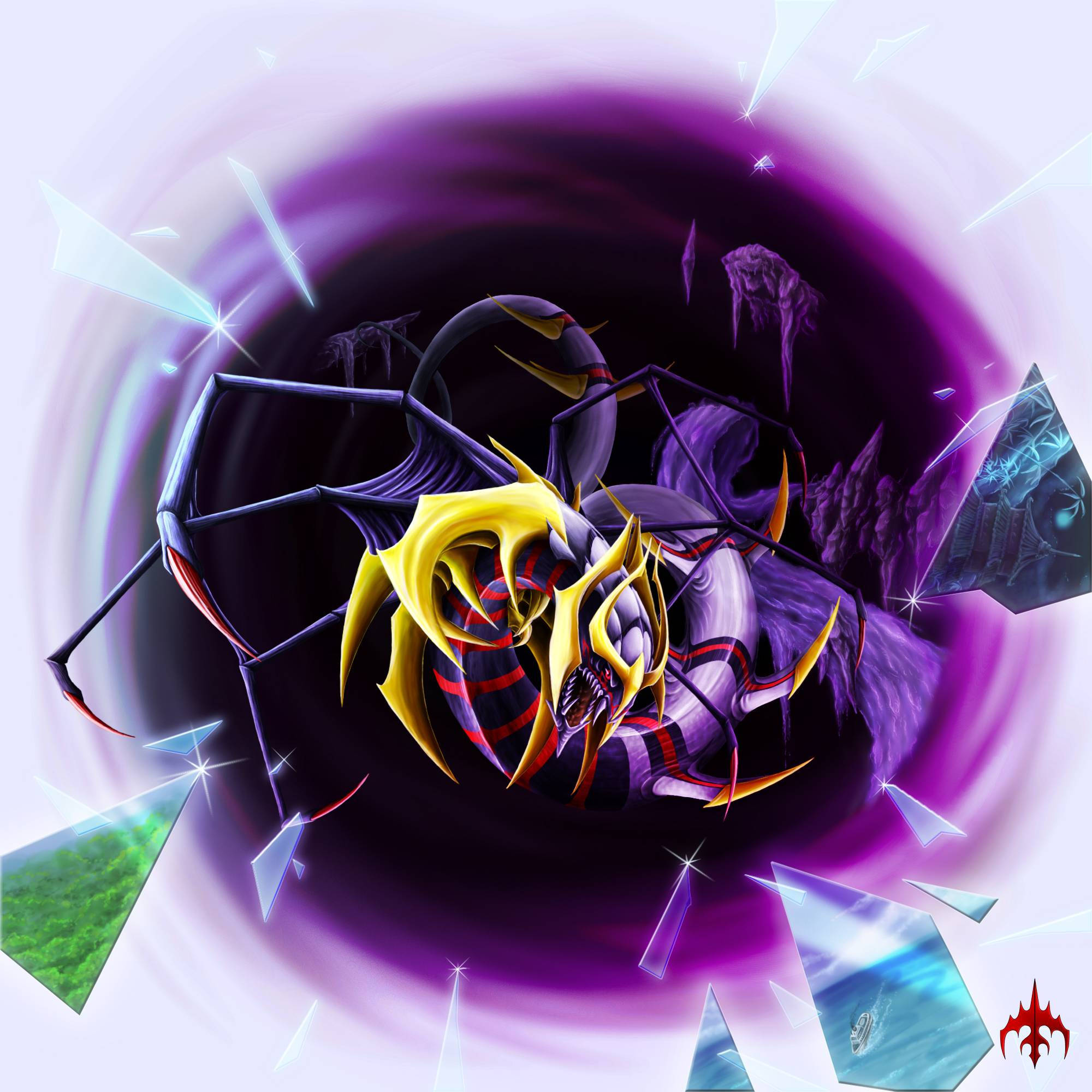 Giratina 桌布 壁紙 — 一個帶有紫色和金色、具威脅性的昆蟲形怪物從一個被漂浮水晶碎片包圍的旋轉漩渦中出現。