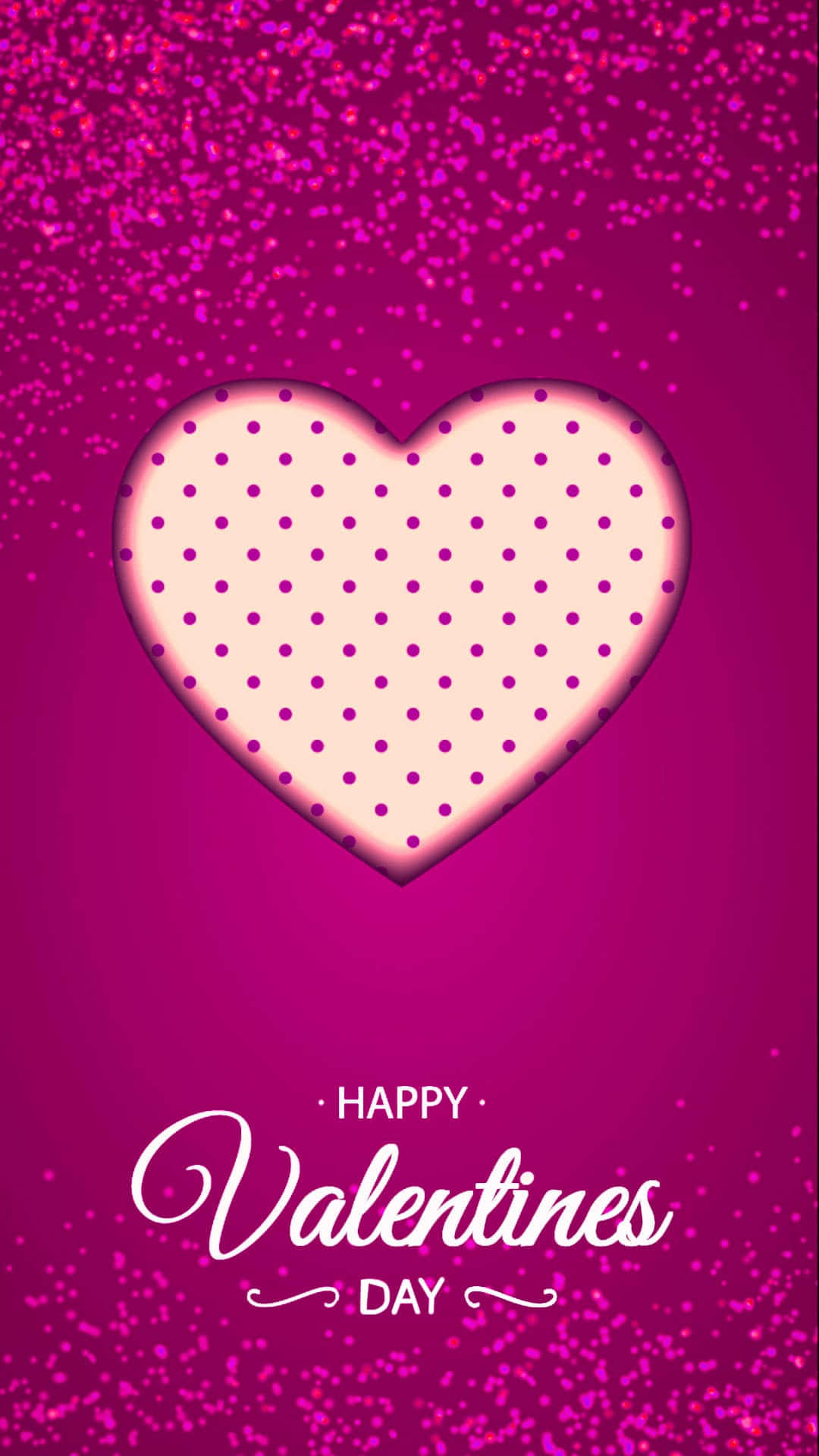 Valentines Day Phone 桌布 壁紙 — 一個帶有紫色圓點的粉紅色心形漂浮在閃爍的洋紅色背景上，並帶有'Happy Valentines Day'文字。