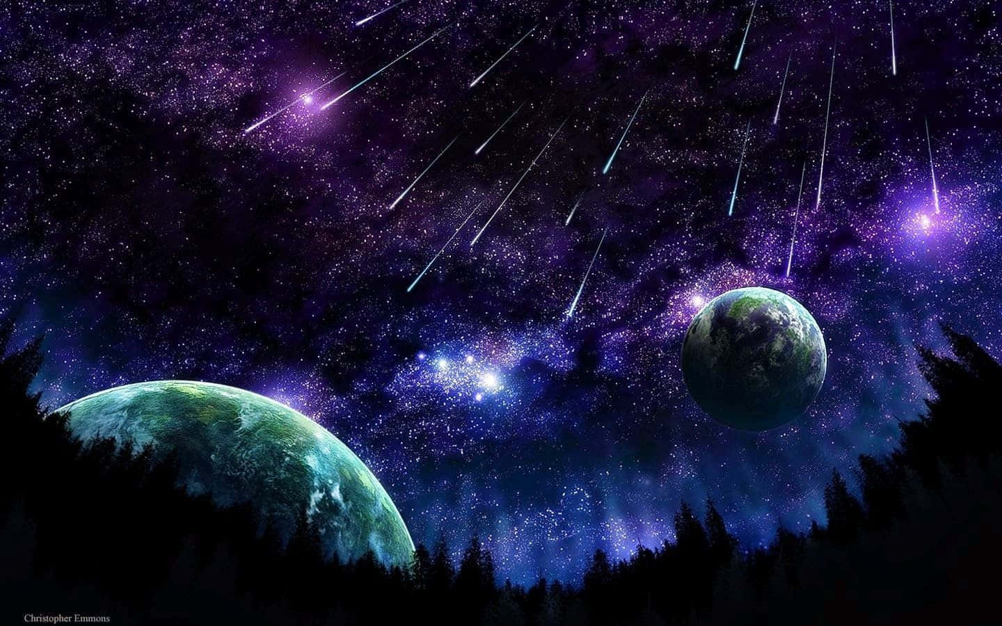 Stars 桌布 壁紙 — 一個帶有紫色星雲和流星的宇宙夜空，拱形籠罩著剪影森林樹木，框住兩顆發光的行星。