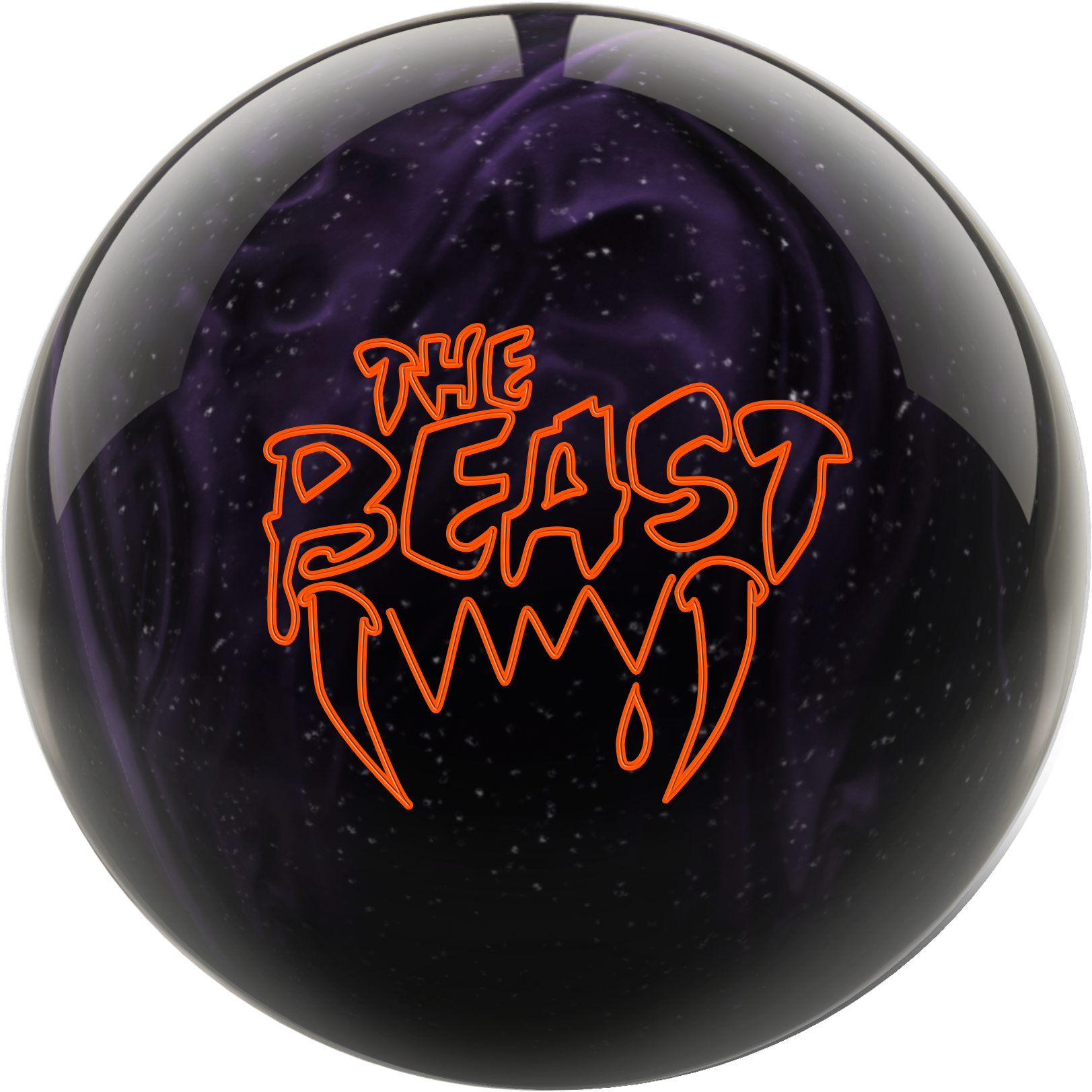 保齡球 桌布 壁紙 — 一個帶有紫色漩渦和橙色霓虹文字「THE BEAST」的光澤保齡球，背景為黑色斑點。
