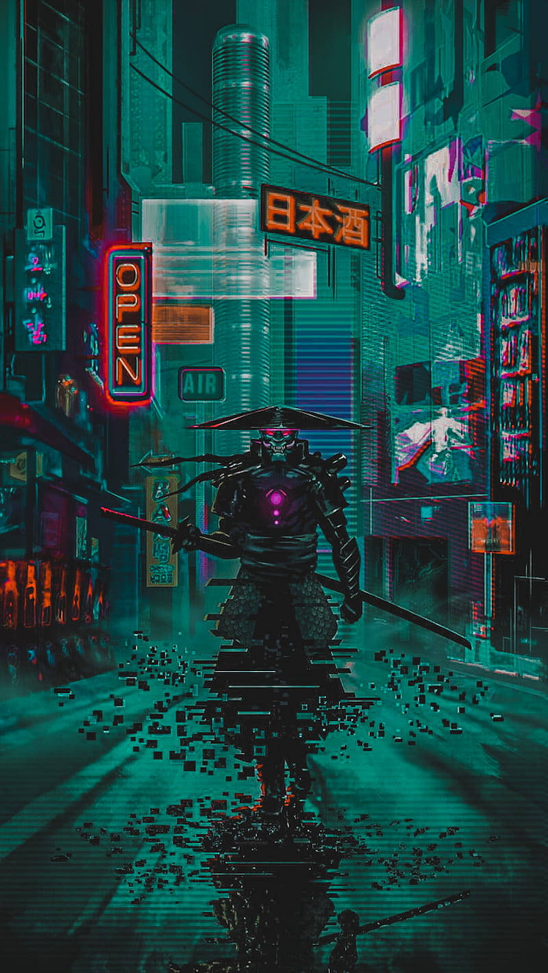 穿著故障數位盔甲的武士戰士在夜晚走過霓虹燈照亮的 cyberpunk 城市小巷。 — 武士動畫 壁紙