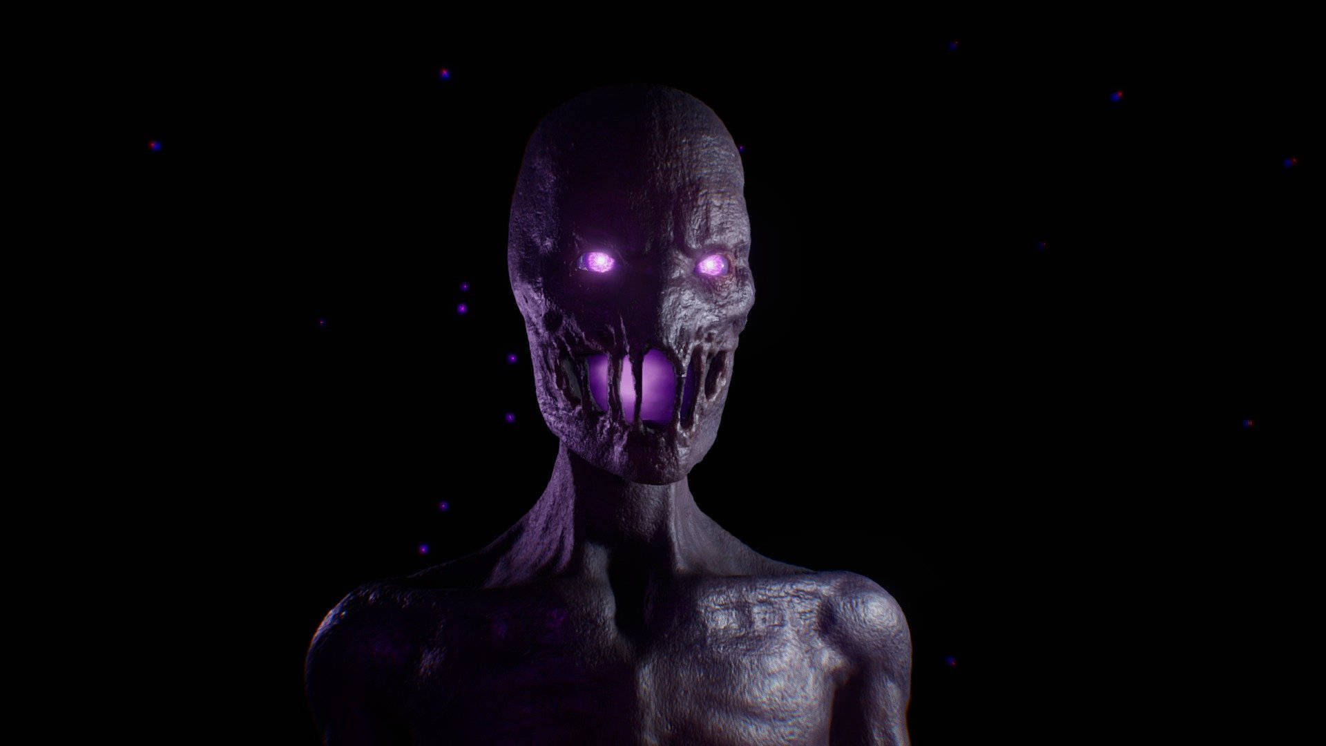 Enderman 桌布 壁紙 — 一個帶有紫色眼睛和發光牙齒的威脅性人形生物，站在佈滿星空的黑色虛空中，散發出令人毛骨悚然的恐怖氣息。