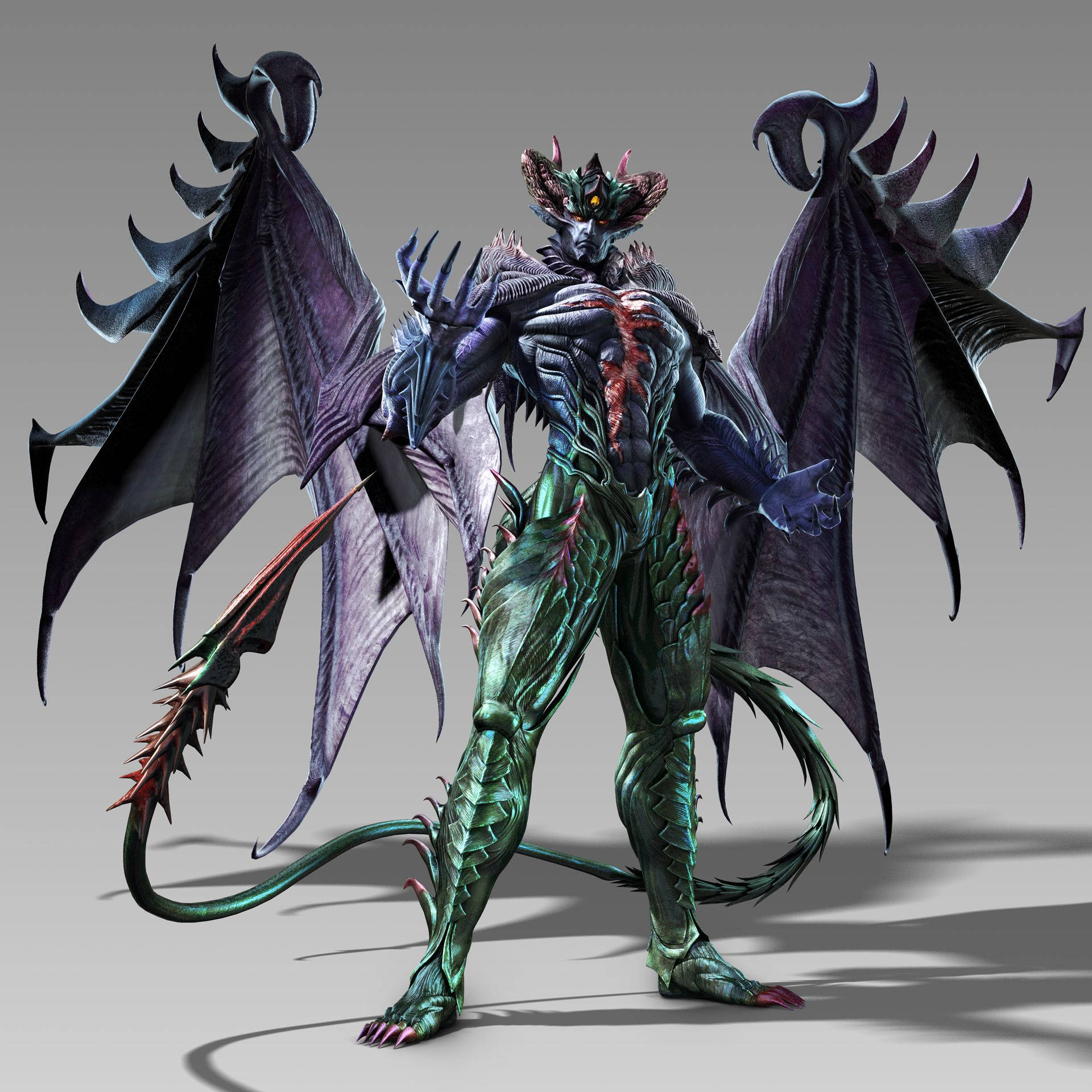 kazuya mishima 桌布 壁紙 — 一個帶有紫色翅膀、綠色鱗片和發光眼睛的威嚇性龍形人形生物，以動態姿勢站在純灰色背景前。