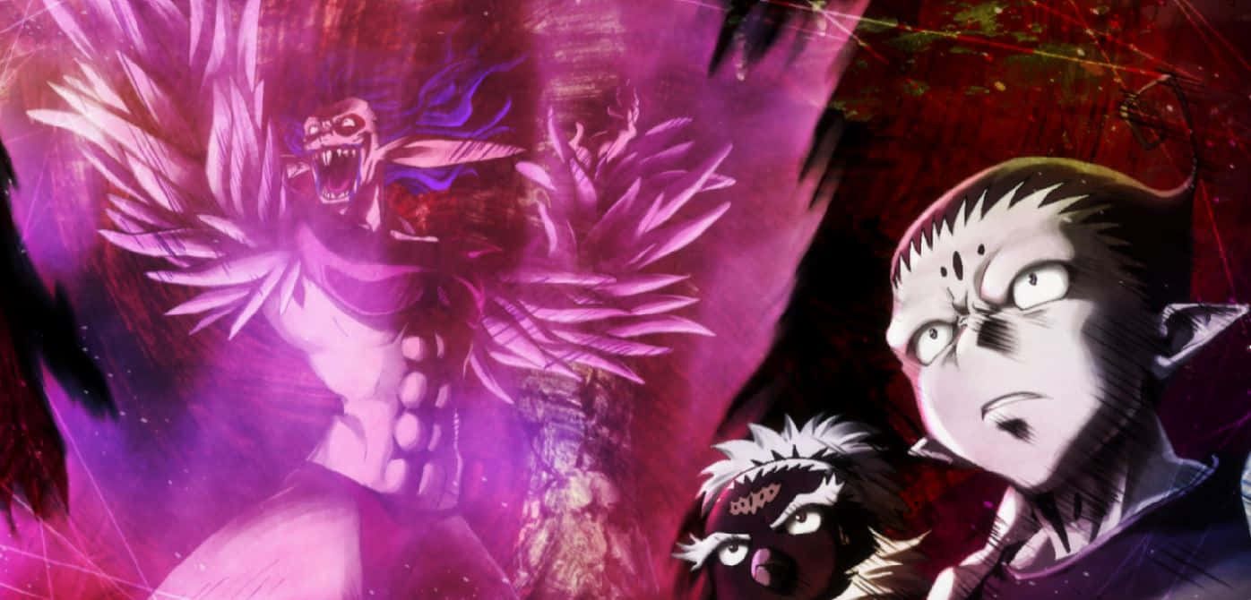 Chimera Ants 桌布 壁紙 — 一個帶有紫色翅膀的威脅性動漫惡魔，在黑暗混亂的戰鬥場景中籠罩著兩個驚恐的角色。